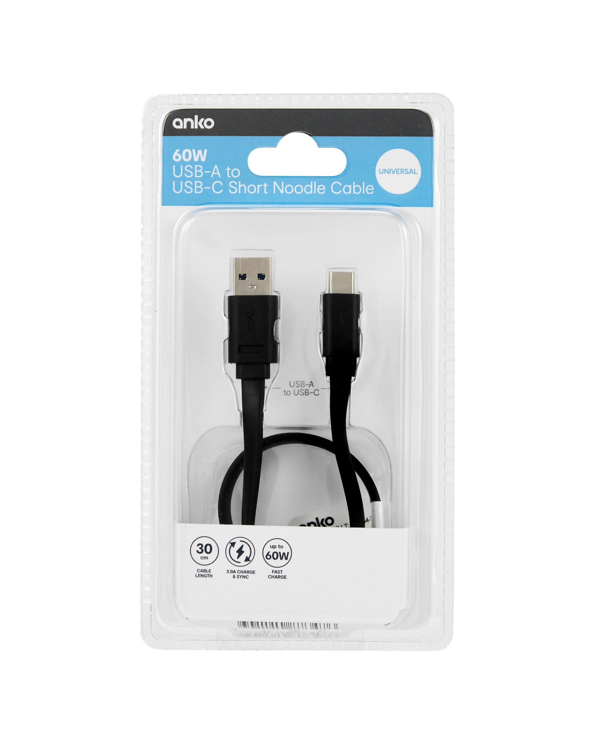 6 USB-A to USB-C Short Noodle Black Cable - 30cm, 6 of 6