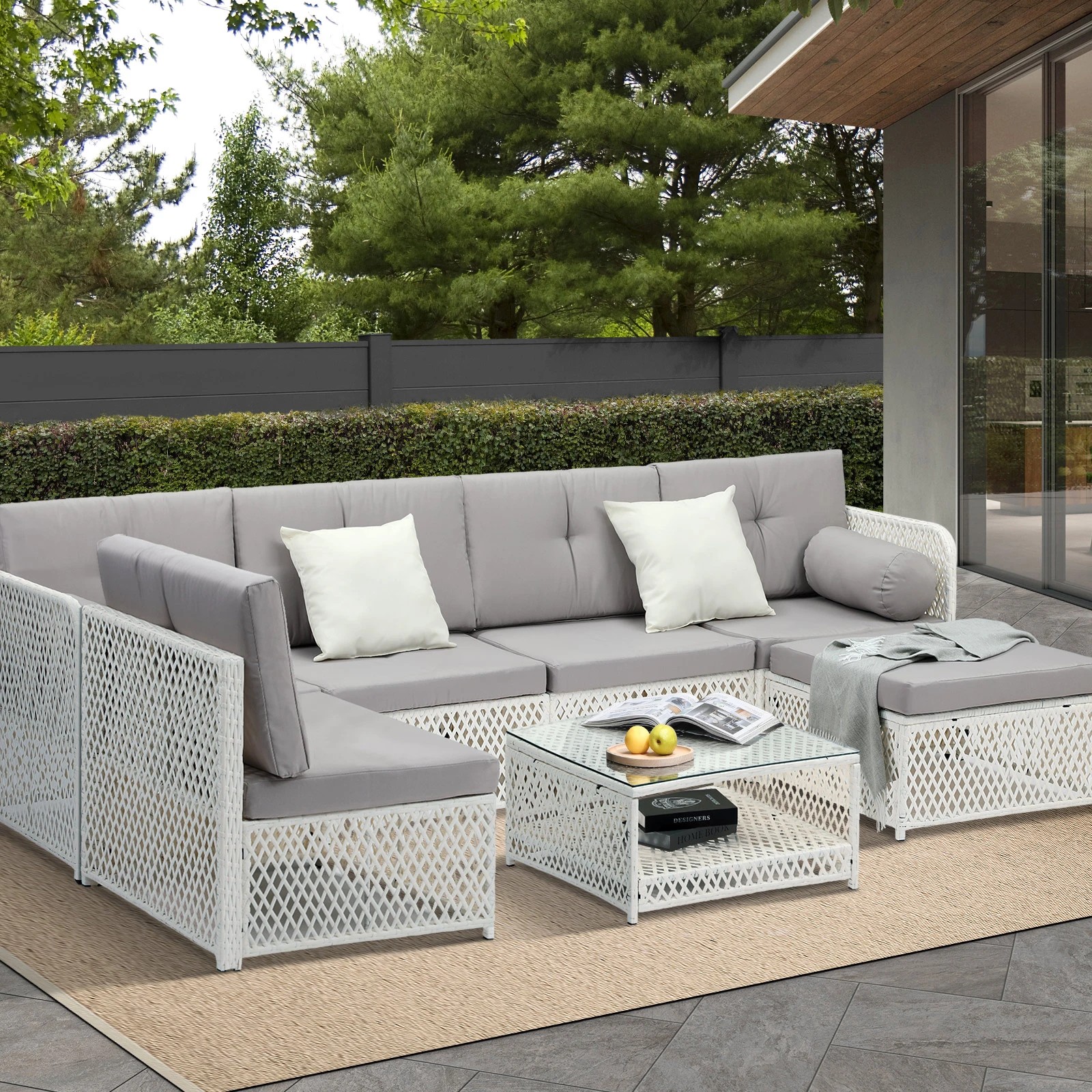 3 Livsip Outdoor Sofa Set 6 Seater Wicker Lounge Setting - White, 3 of 8