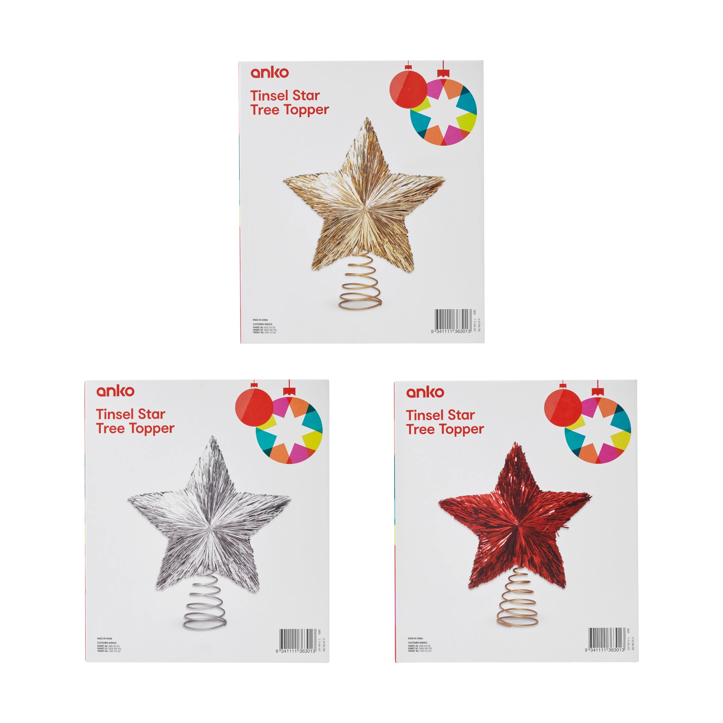 6 Tinsel Star Tree Topper - Assorted, 6 of 6
