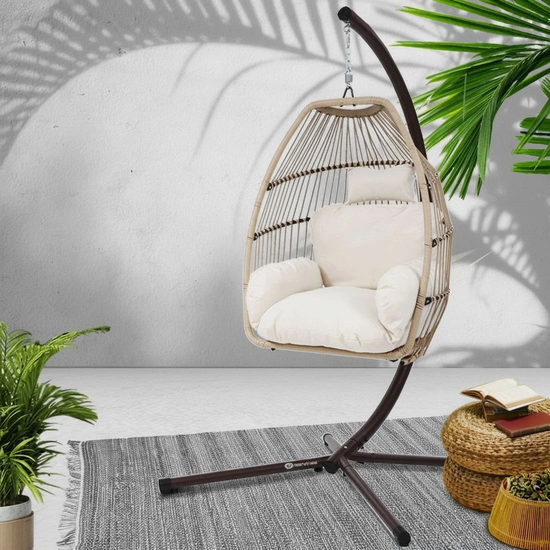 4 Gardeon Outdoor Egg Swing Chair Wicker Rope Furniture Pod Stand Cushion
 - white, 4 of 4
