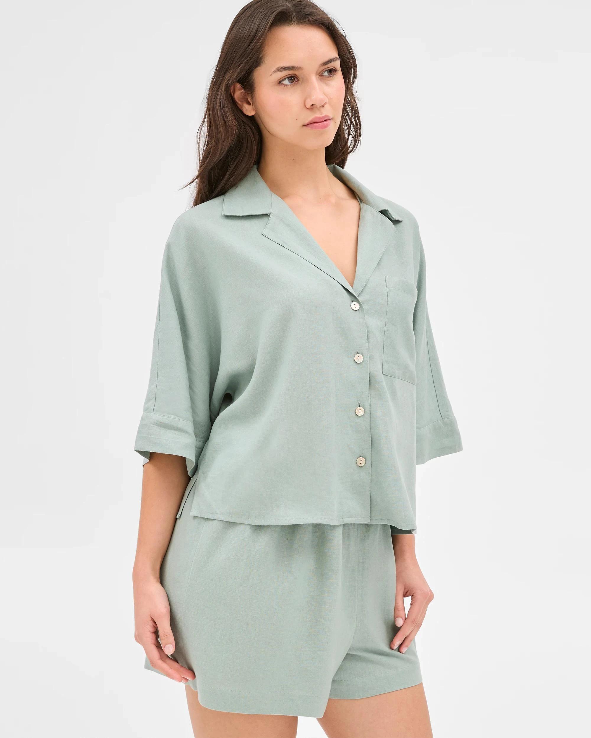 1 Target Womens Linen Blend Shorts and Shirt Pyjama Set JADEITE GREEN, 1 of 5