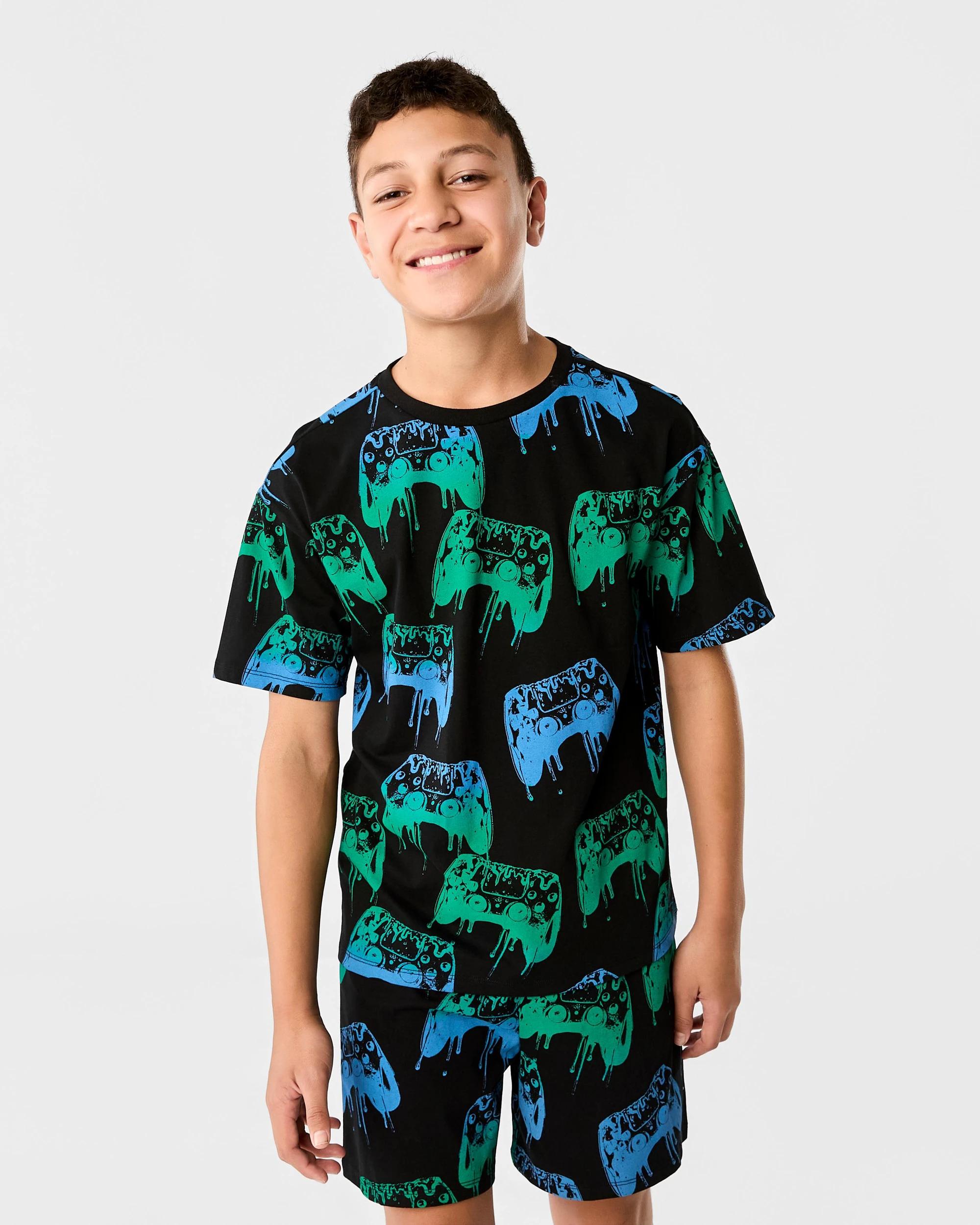 1 Short Sleeve Jersey Pyjama Set Blk Game, 1 of 10