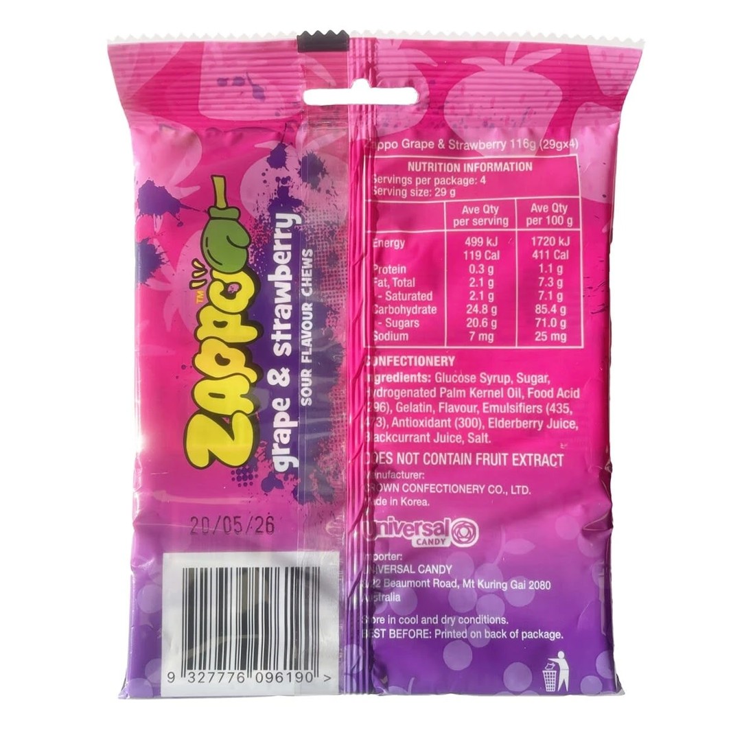 2 Zappo Grape & Strawberry Sour Flavour Chews 4 Pack 116g, 2 of 2