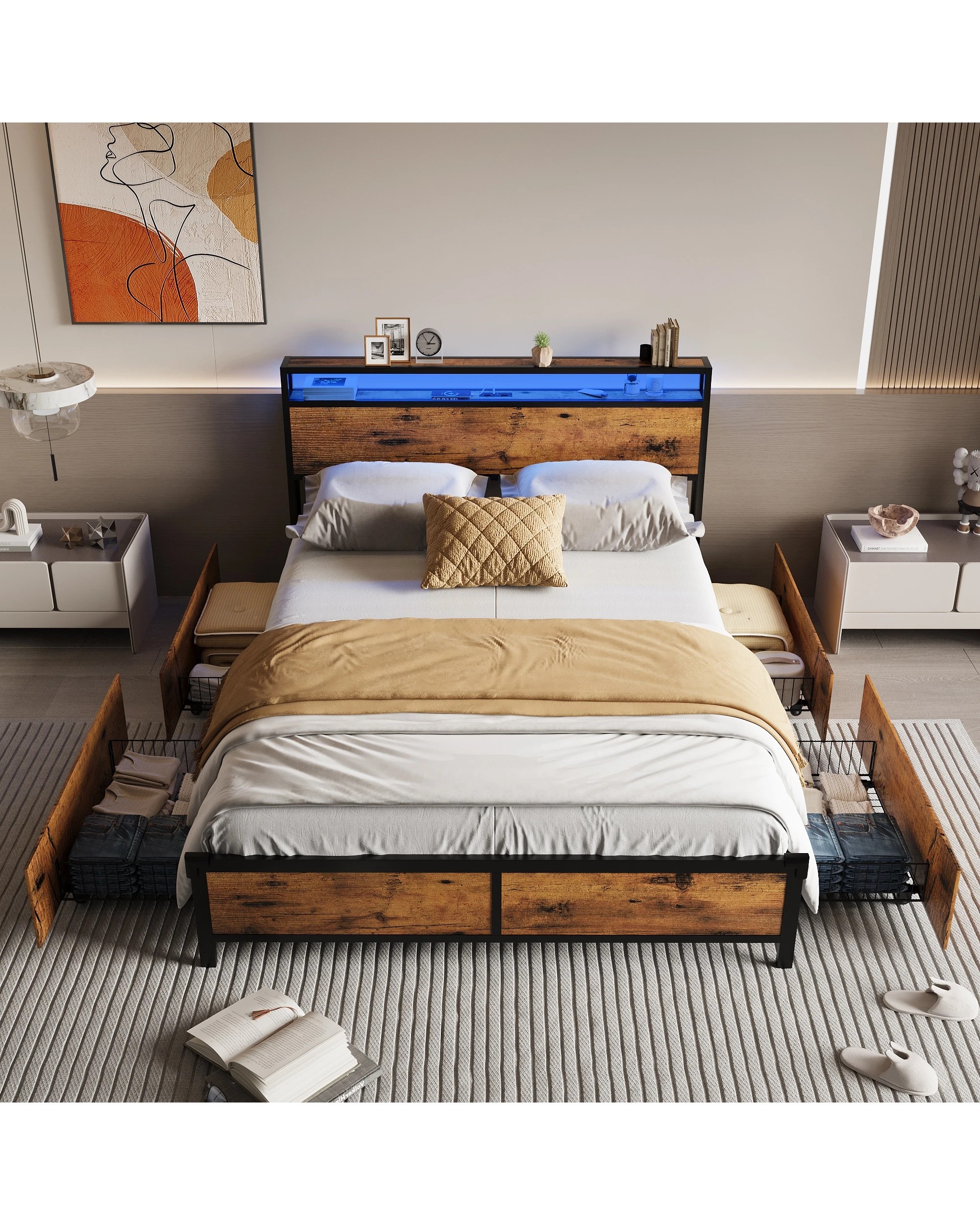 2 Advwin Queen Bed Frame with 4 Storage Drawers & Charging Station & RGB LED Lights - Brown, 2 of 5