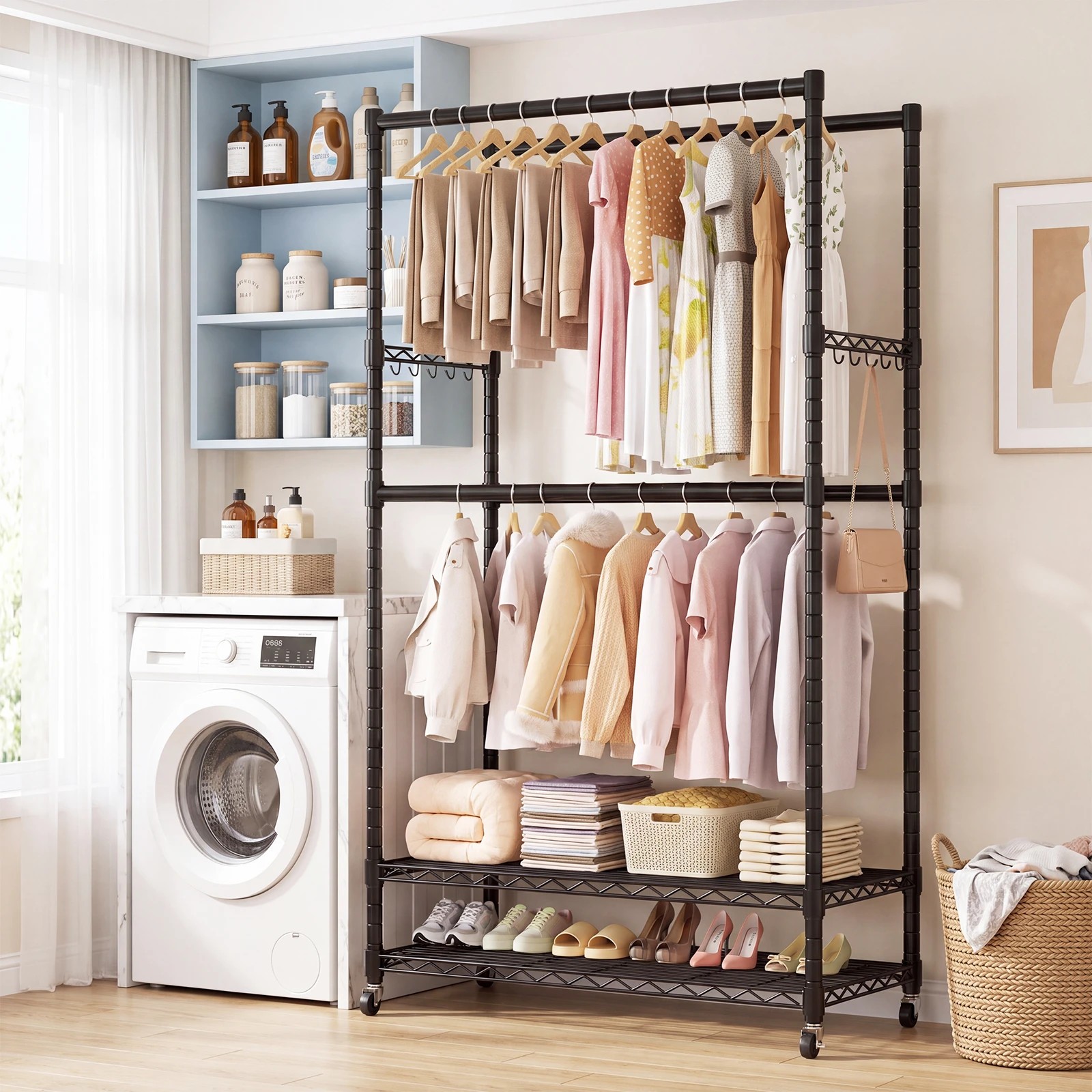 2 Advwin Portable Closet Wardrobe Adjust Closet Racks w/4 Hang Rods & 2 Shelves - Black, 2 of 10