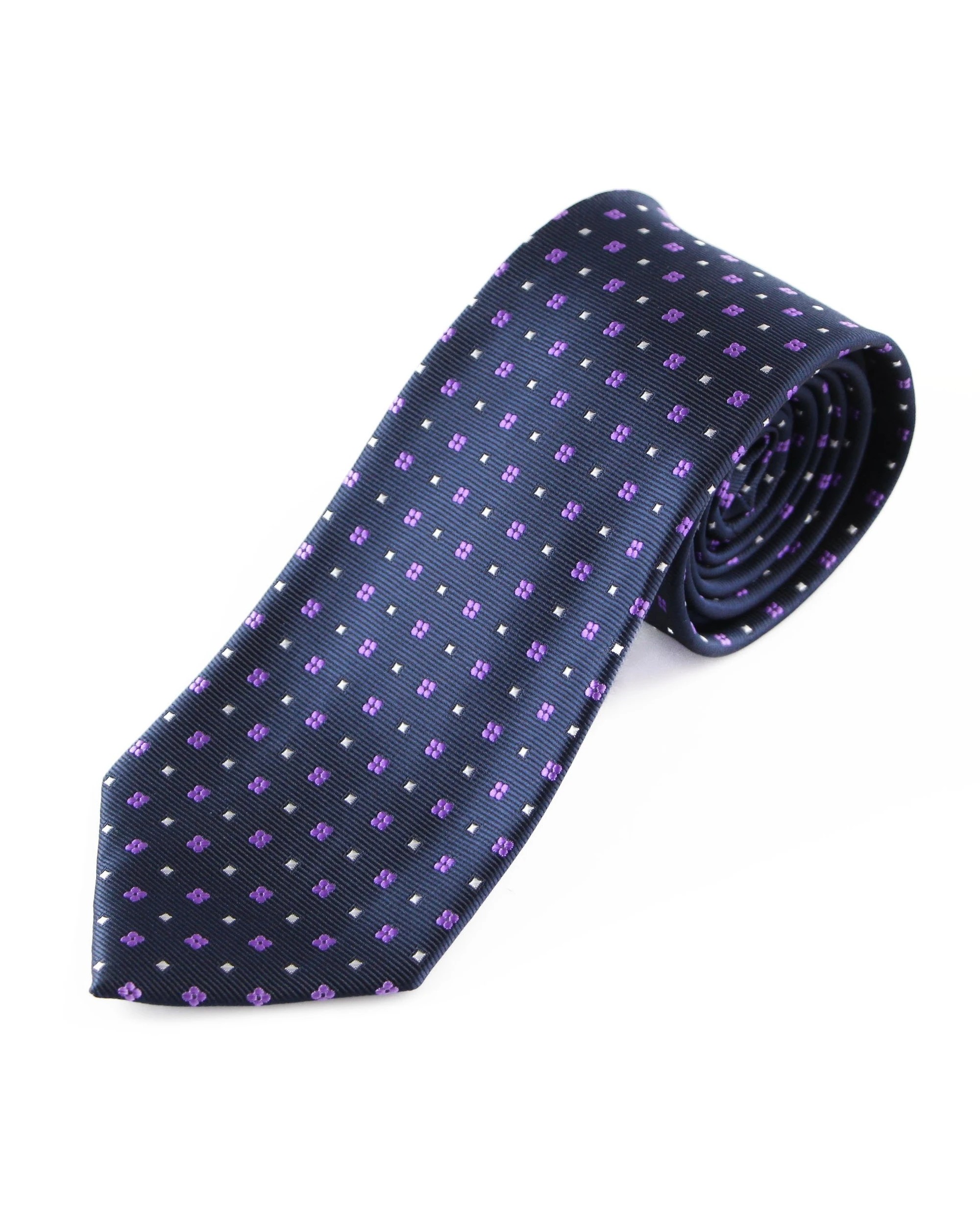 1 Zasel Mens Navy With Purple Flowers & Silver Dots Patterned 8cm Neck Tie, 1 of 1