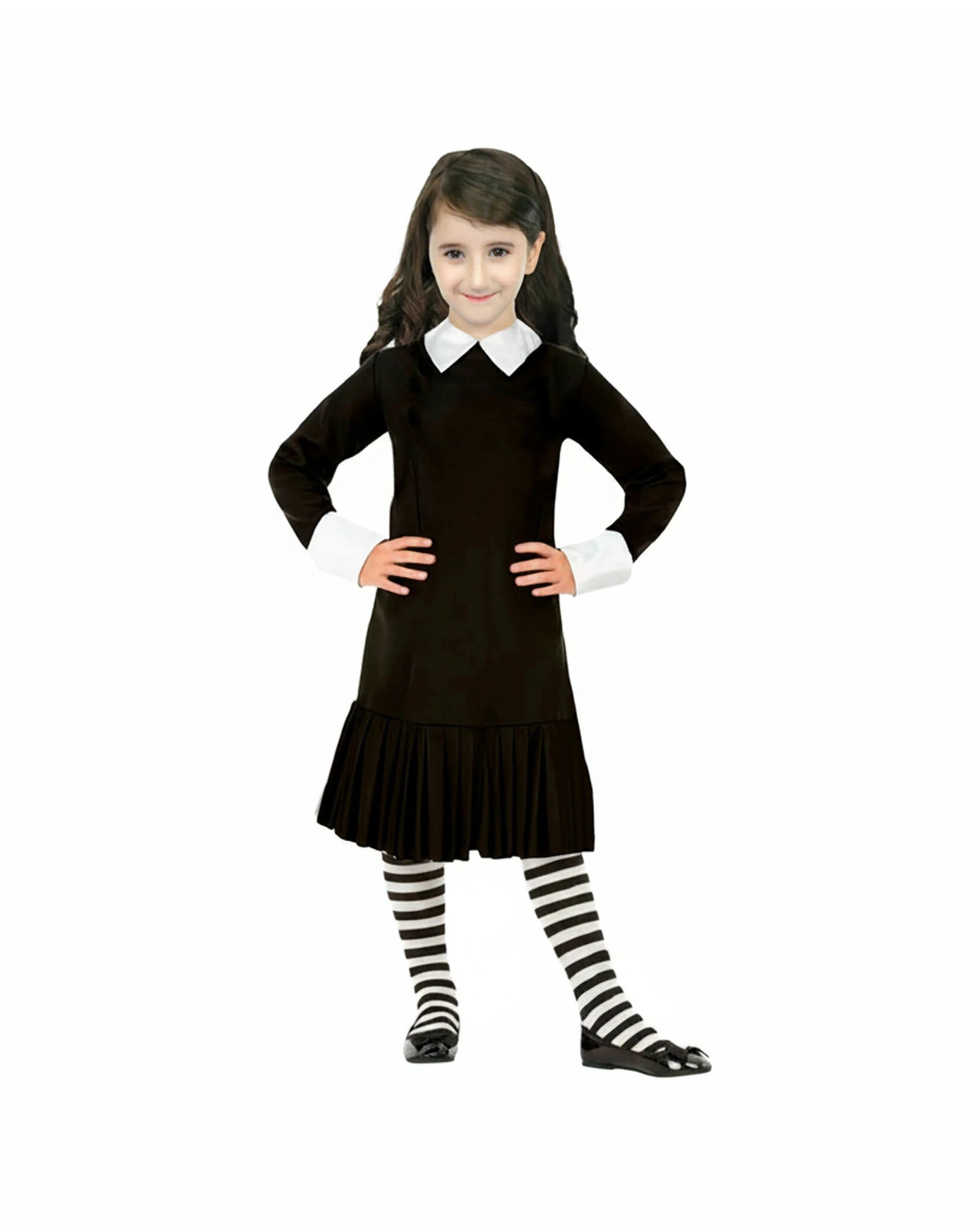 1 JD Party Kids Wednesday Costume Pleated Dress Striped Stockings 10-12y - Black, 1 of 1