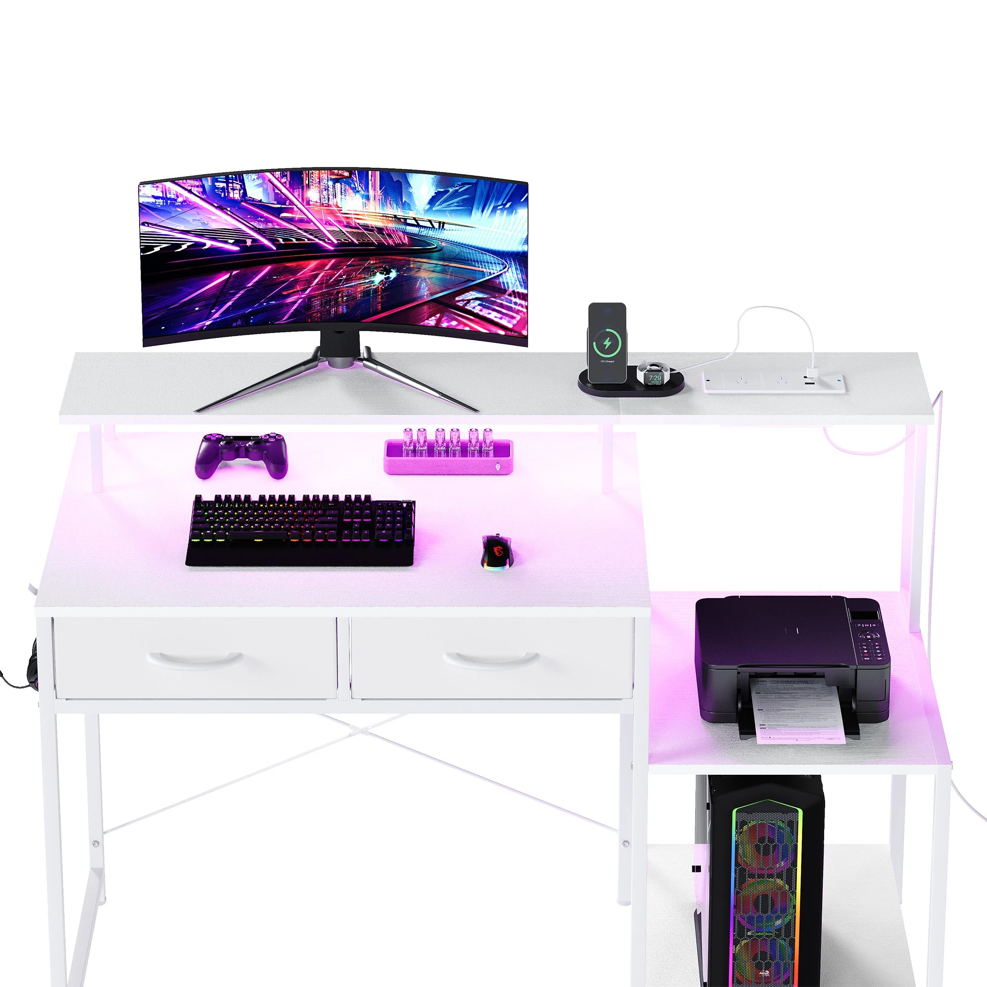 5 Advwin 120cm Gaming Desk With Led Lights Power Outlets Reversible Printer Storage Shelf Computer Desk White, 5 of 10