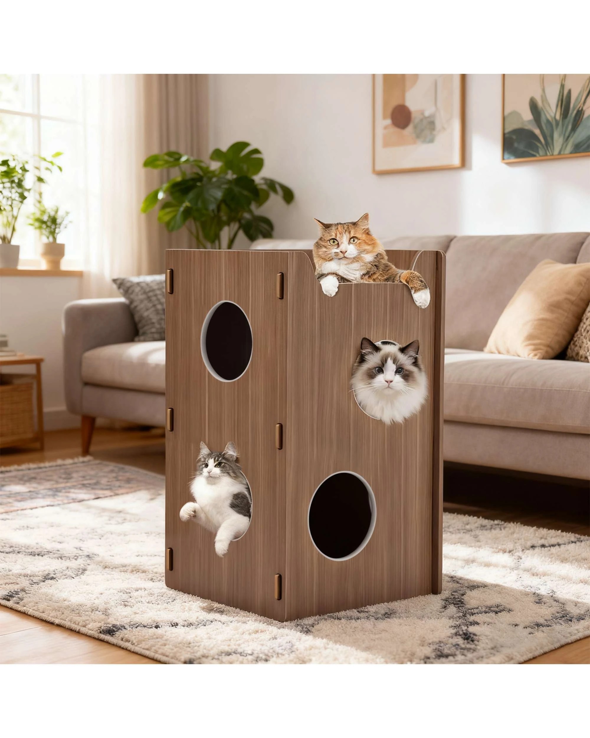 2 Advwin Wooden Cat House Tree Hole Warm Pet Bed Double Bucket Style Cat Sleeping Cave, 2 of 8