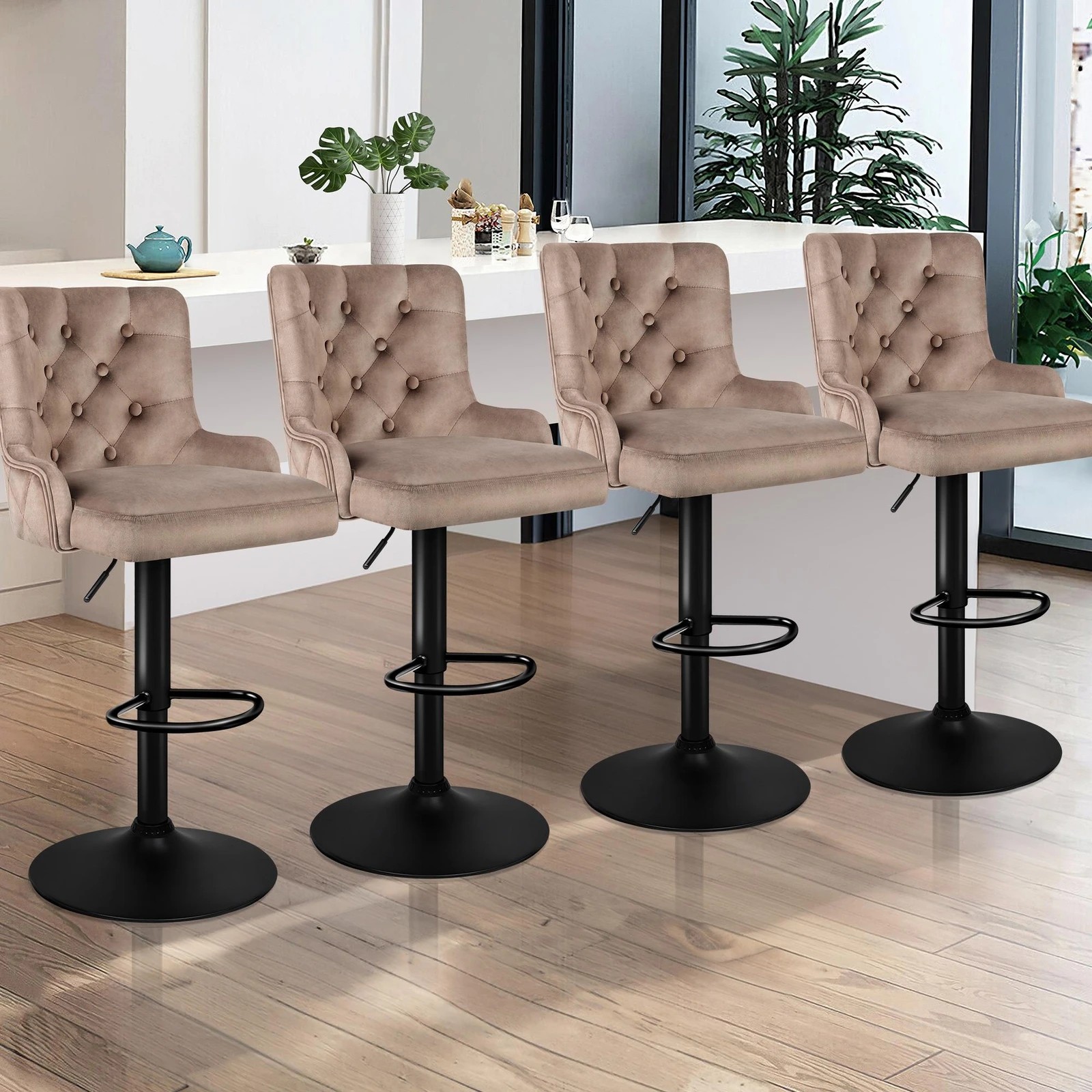 2 Alfordson 4x Bar Stools Gas Lift Velvet Bar Chairs Kitchen Swivel Bella - Brown, 2 of 10