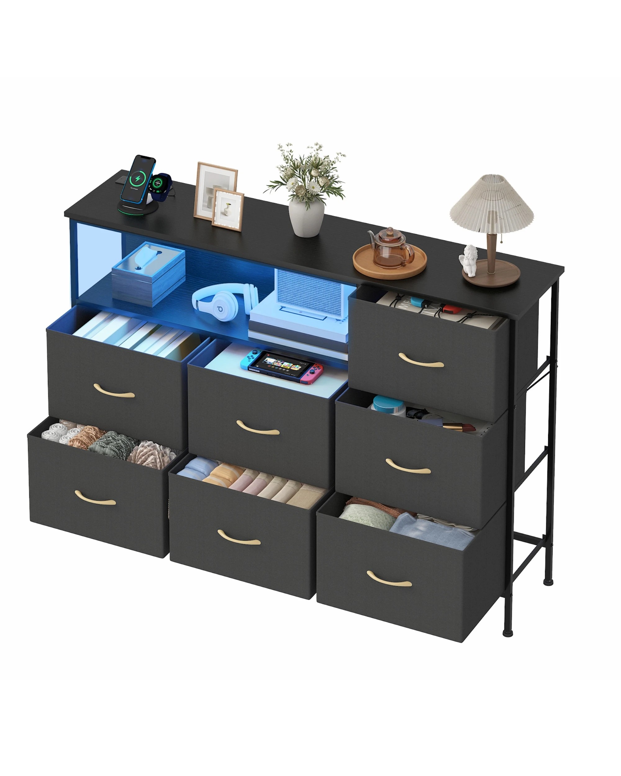 4 Advwin Chest of 7 Drawers?with Open Shelf Storage Charging Station & LED Lights - Black, 4 of 10