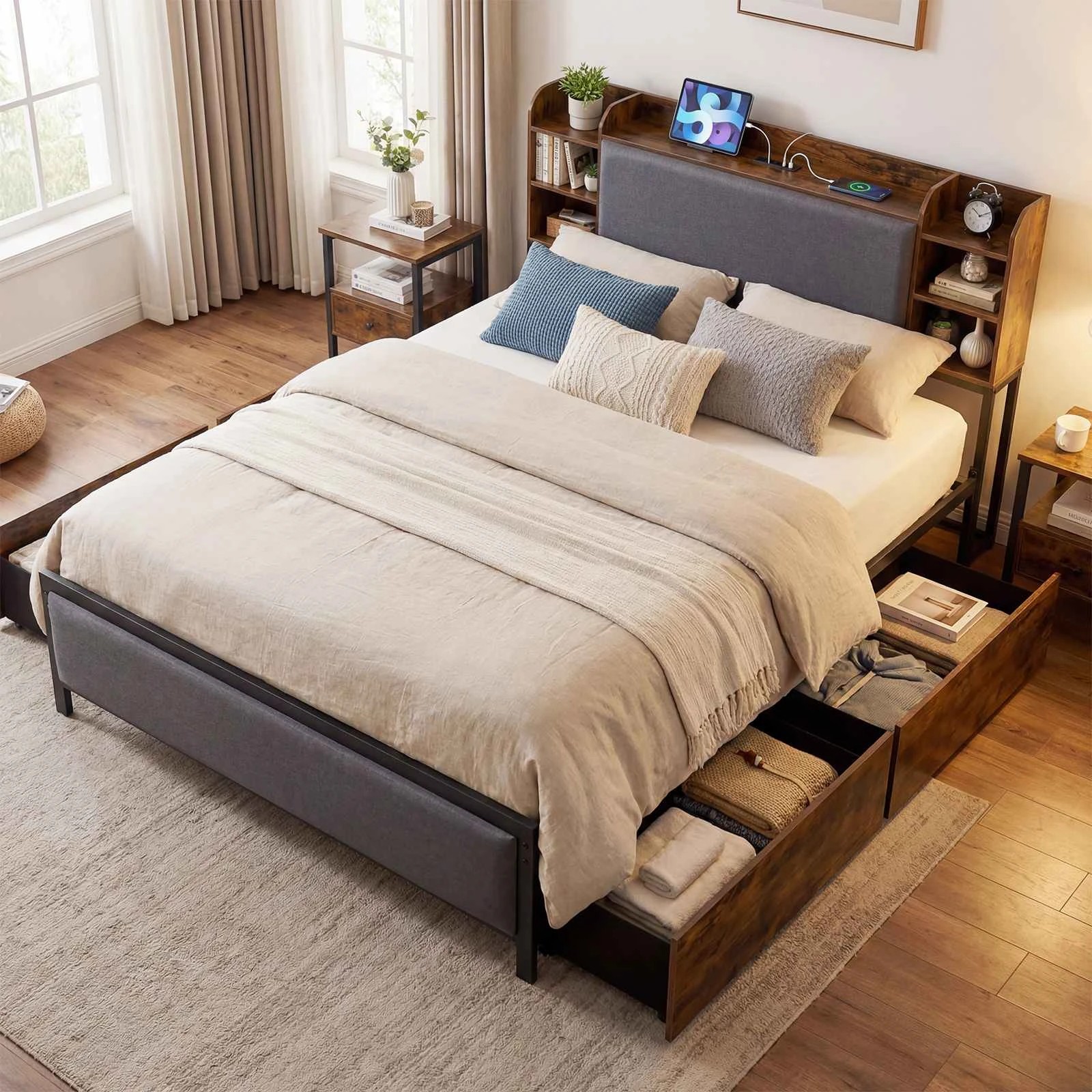 2 Costway Queen LED Bed Frame Charging Station Platform Bed Headboard Footboard 4 Storage Drawers, 2 of 4