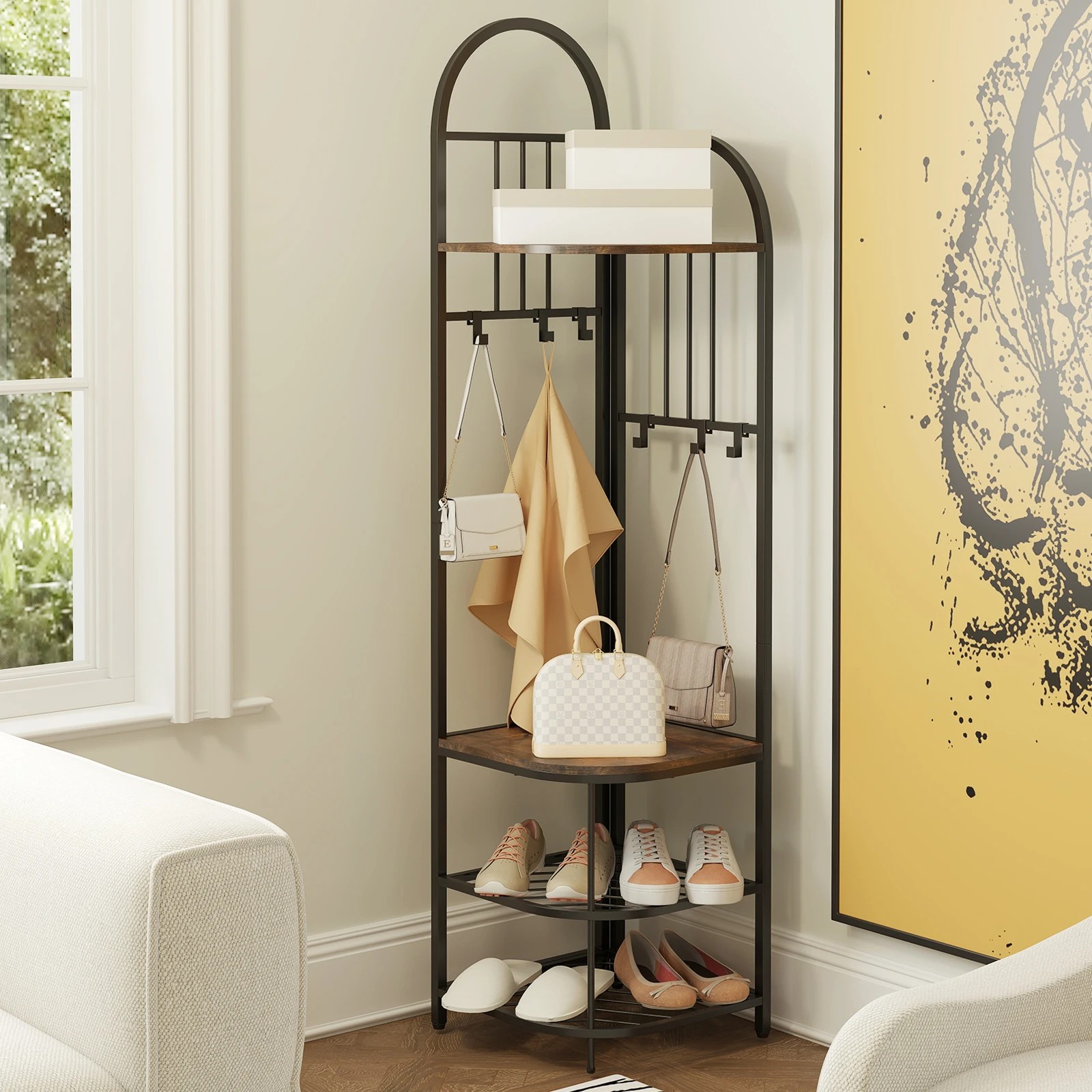 3 Costway 4-Tier Coat Rack 180cm Corner Hall Tree w/Shoe Storage Bench & 6 Removable Hooks - Brown, 3 of 4
