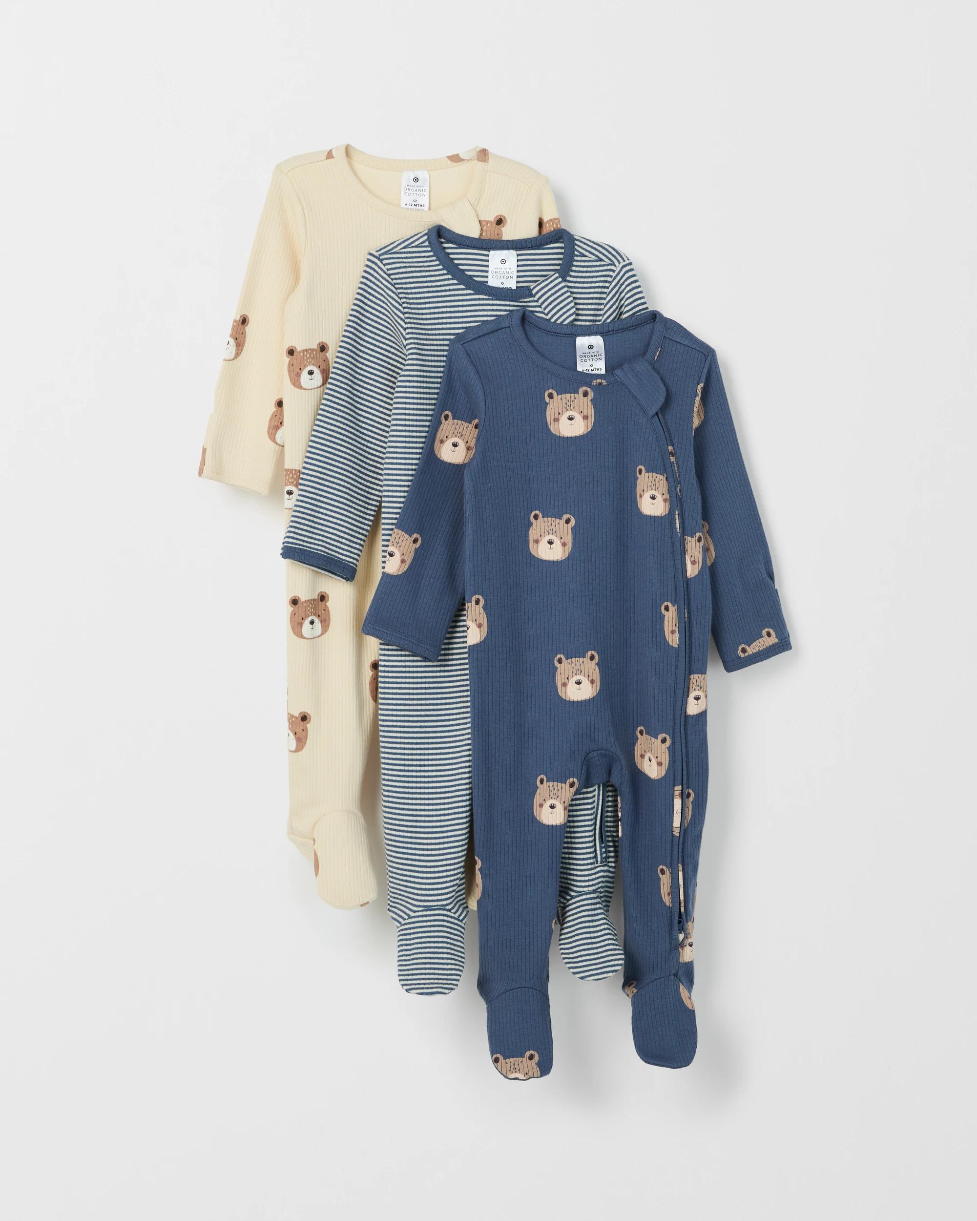 1 Target Baby Baby Organic Cotton 3 Pack Zip Coverall BEARS INDIGO, 1 of 4