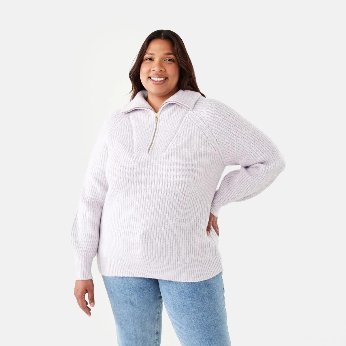 1 Curve Quarter Zip Cable Knit Jumper Purple Mrl, 1 of 5