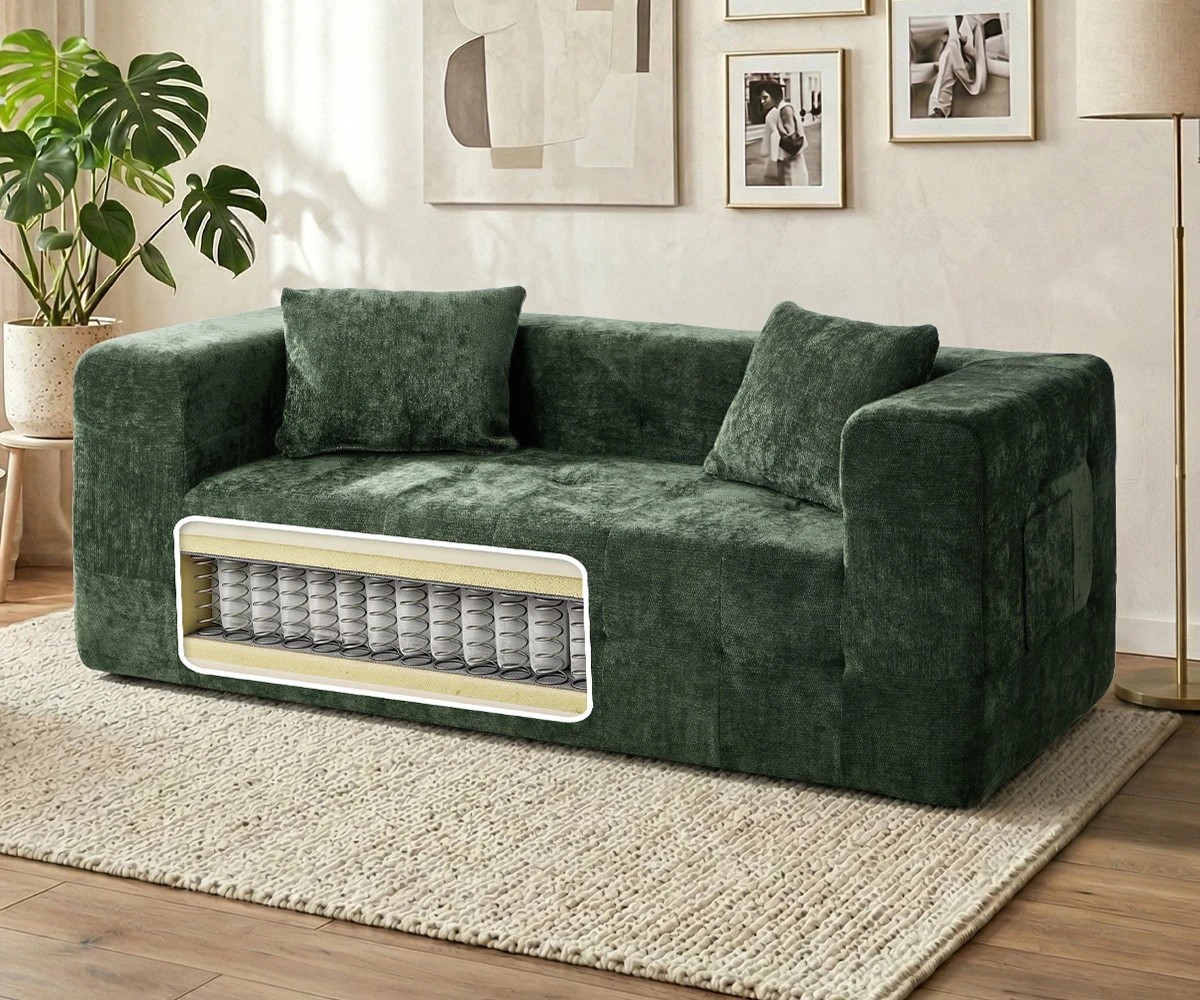 4 Oikiture Compressed Sofa in a Box Button Tufting Chenille - Green, 4 of 5