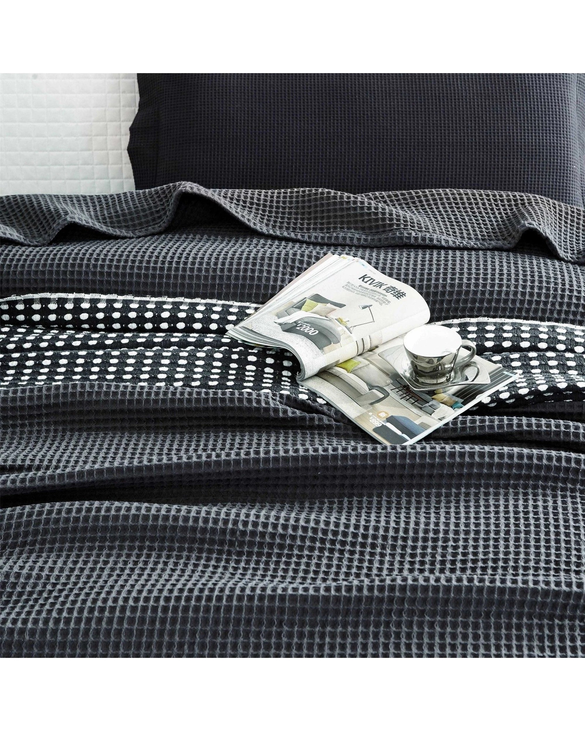 2 Cotton More Chunky Waffle Blanket 100% Cotton Throw Double - Charcoal, 2 of 6