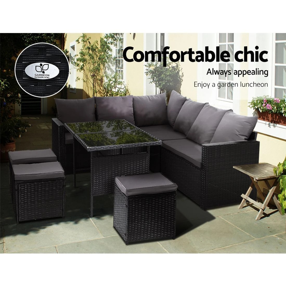 4 Gardeon Outdoor Dining Set Sofa Lounge Setting Chairs Table Ottoman Lawn - Black, 4 of 6