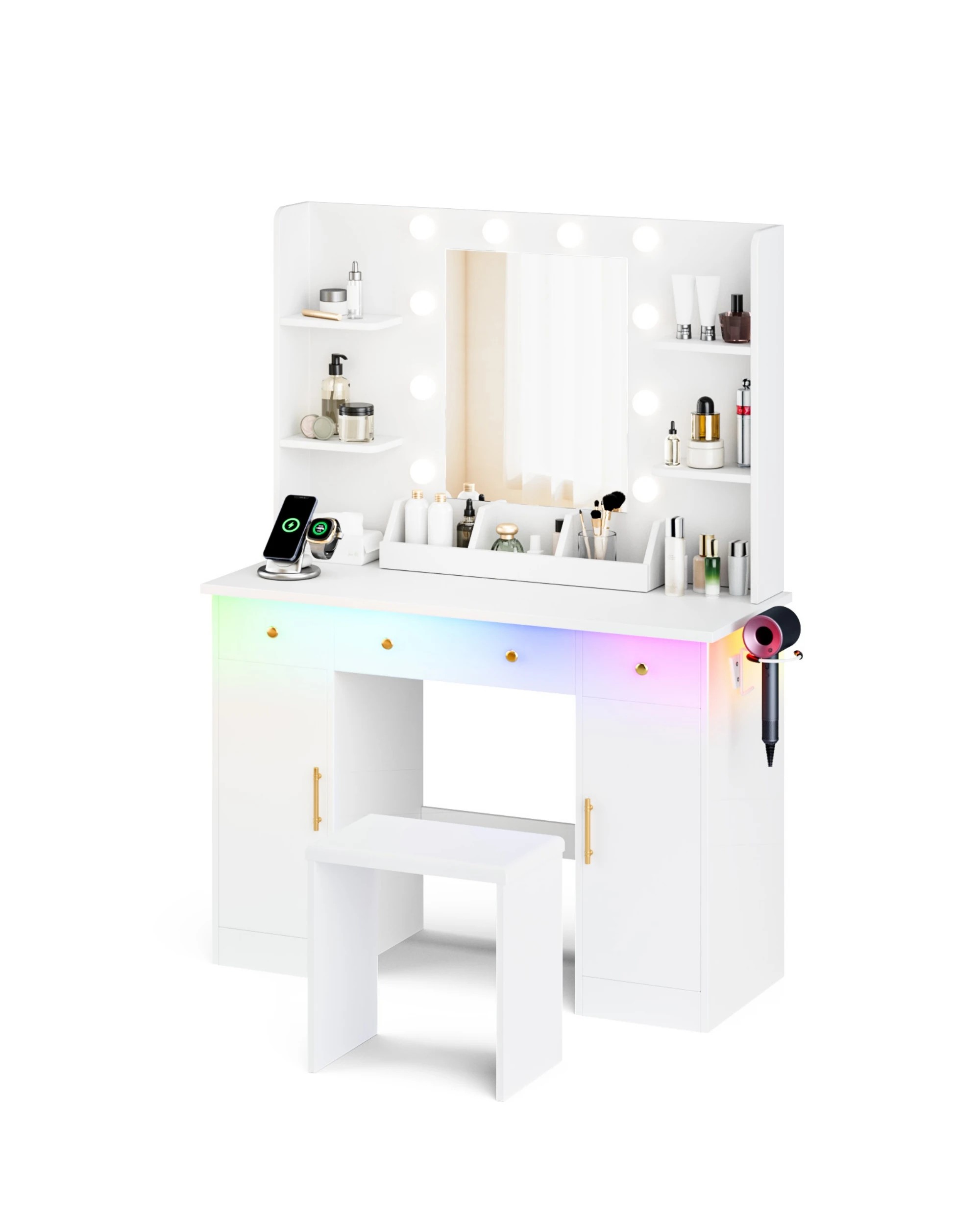 8 Advwin Dressing Table with Mirror and Lights Makeup Vanity Desk Set with Charging Station - White, 8 of 10