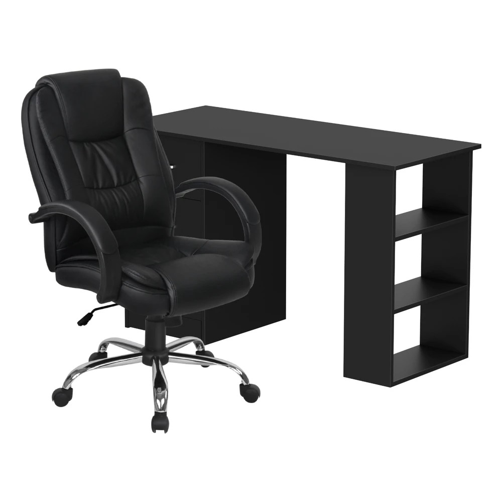 1 Artiss Computer Desk 120cm Executive Office Chair Set PU Leather High Back - Black, 1 of 6