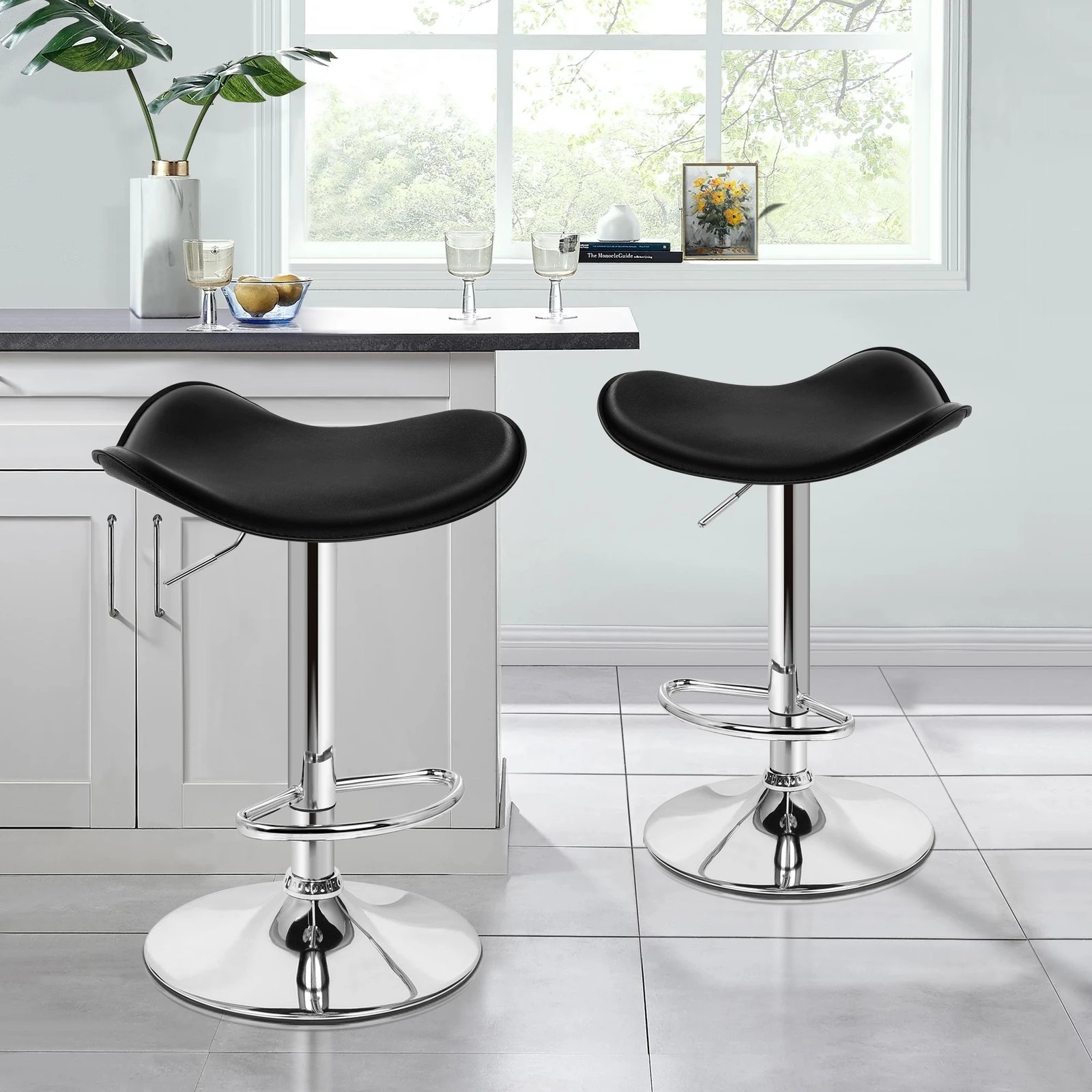 2 Alfordson 2x Bar Stools Portia Kitchen Swivel Chair Leather Gas Lift - Black, 2 of 6