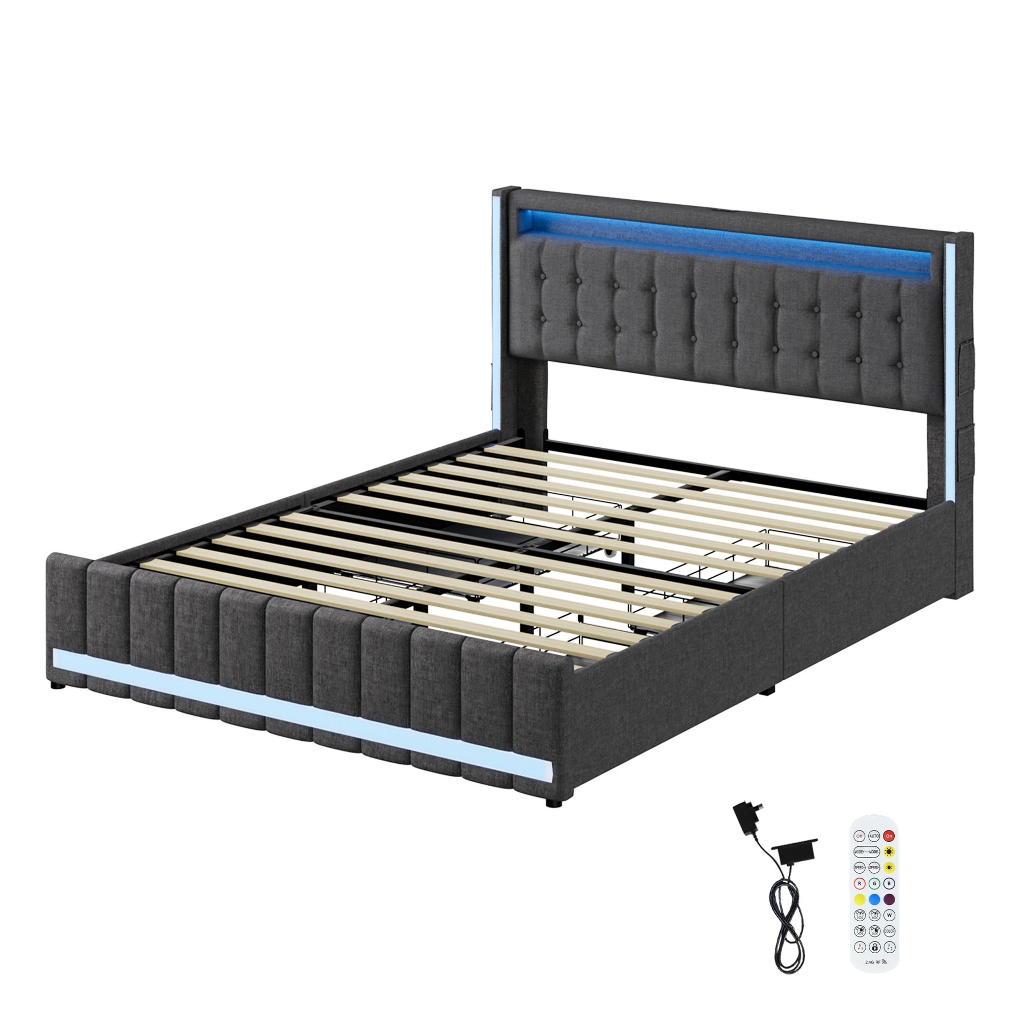 1 Levede Double Size Bed Frame Linen Fabric with LED Charging Station and 4 Drawers, 1 of 8