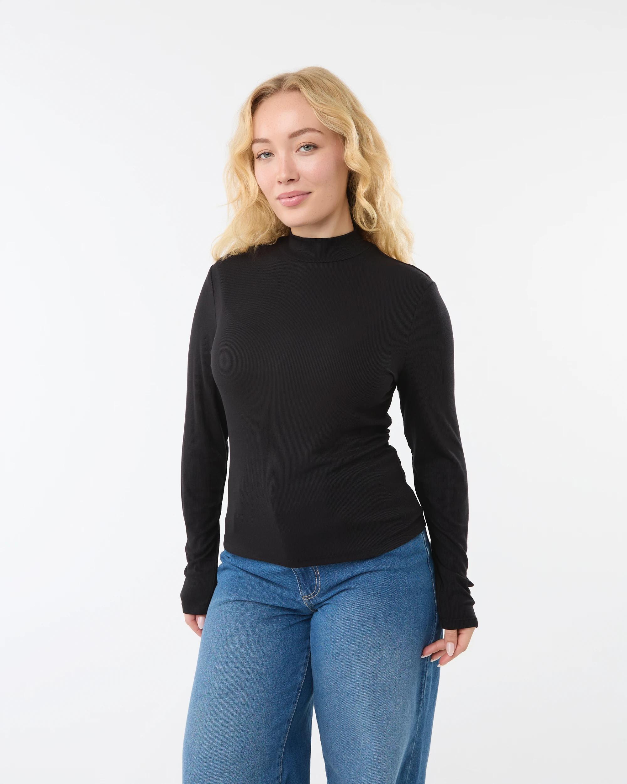 2 Long Sleeve Rib Mock Neck Top Black, 2 of 6