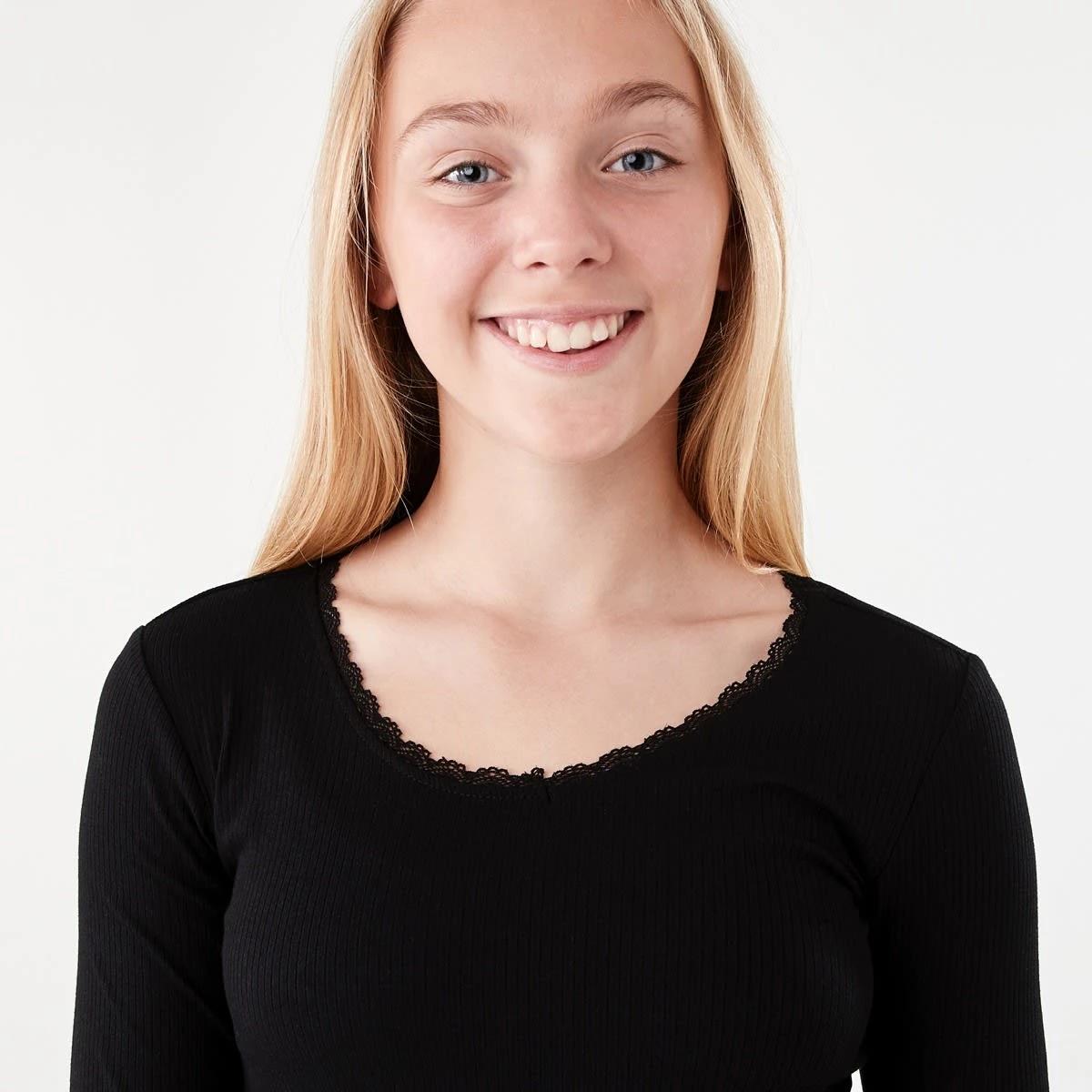 3 Long Sleeve Rib Top with Lace Black, 3 of 8