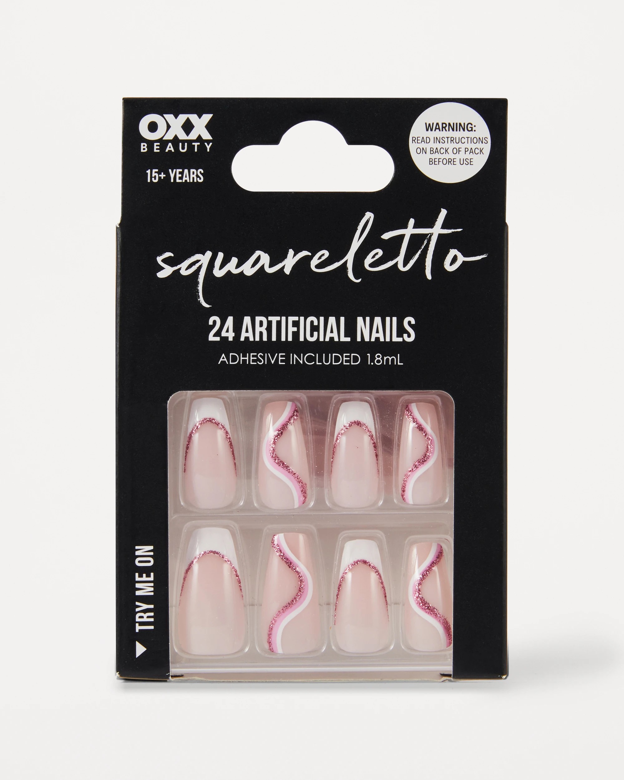 1 OXX Beauty 24 Pack Artificial Nails with Adhesive - Squareletto Shape, Pink Glitter, 1 of 4
