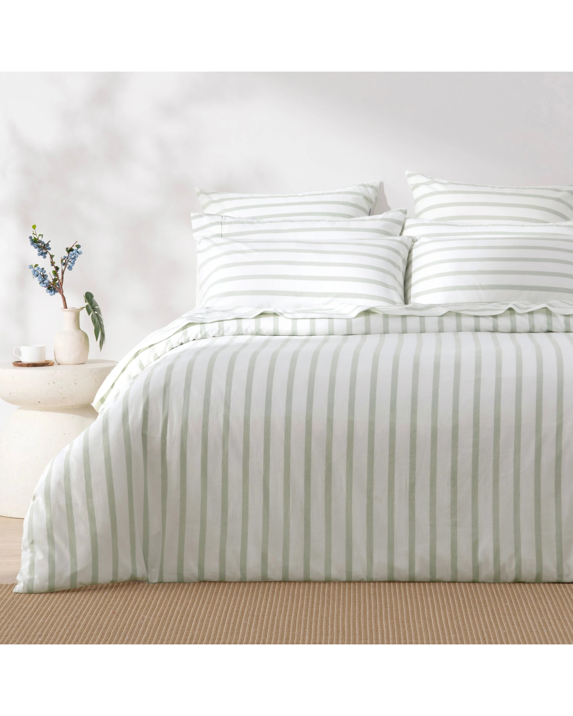 1 Dreamaker Bask Yarn Dyed Washed Cotton Striped Quilt Cover Set - Queen Bed - Sage, 1 of 7