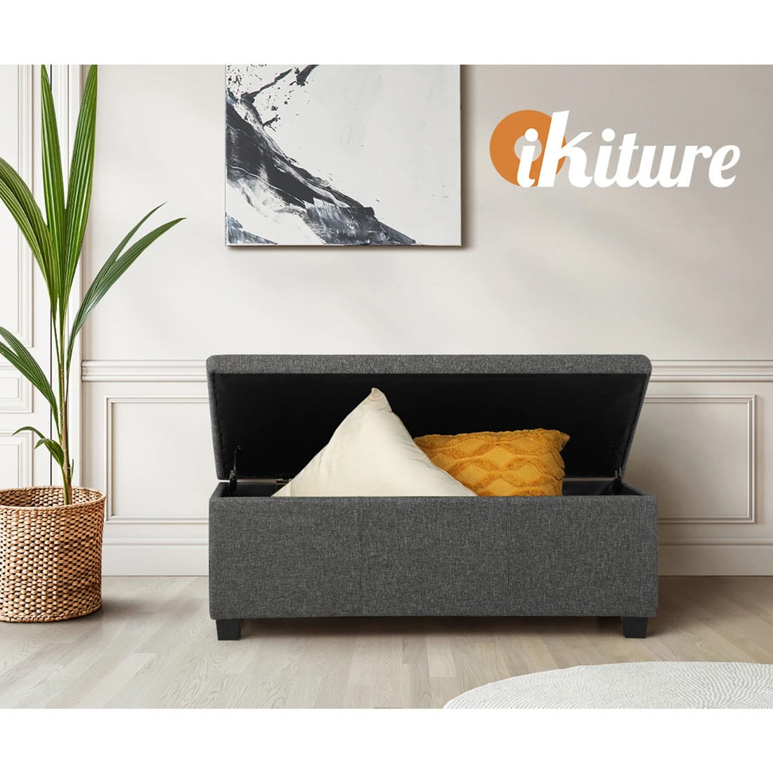 5 Oikiture Storage Ottoman Blanket Box Linen Fabric Arm Foot Stool Couch Large
 - Grey, 5 of 10