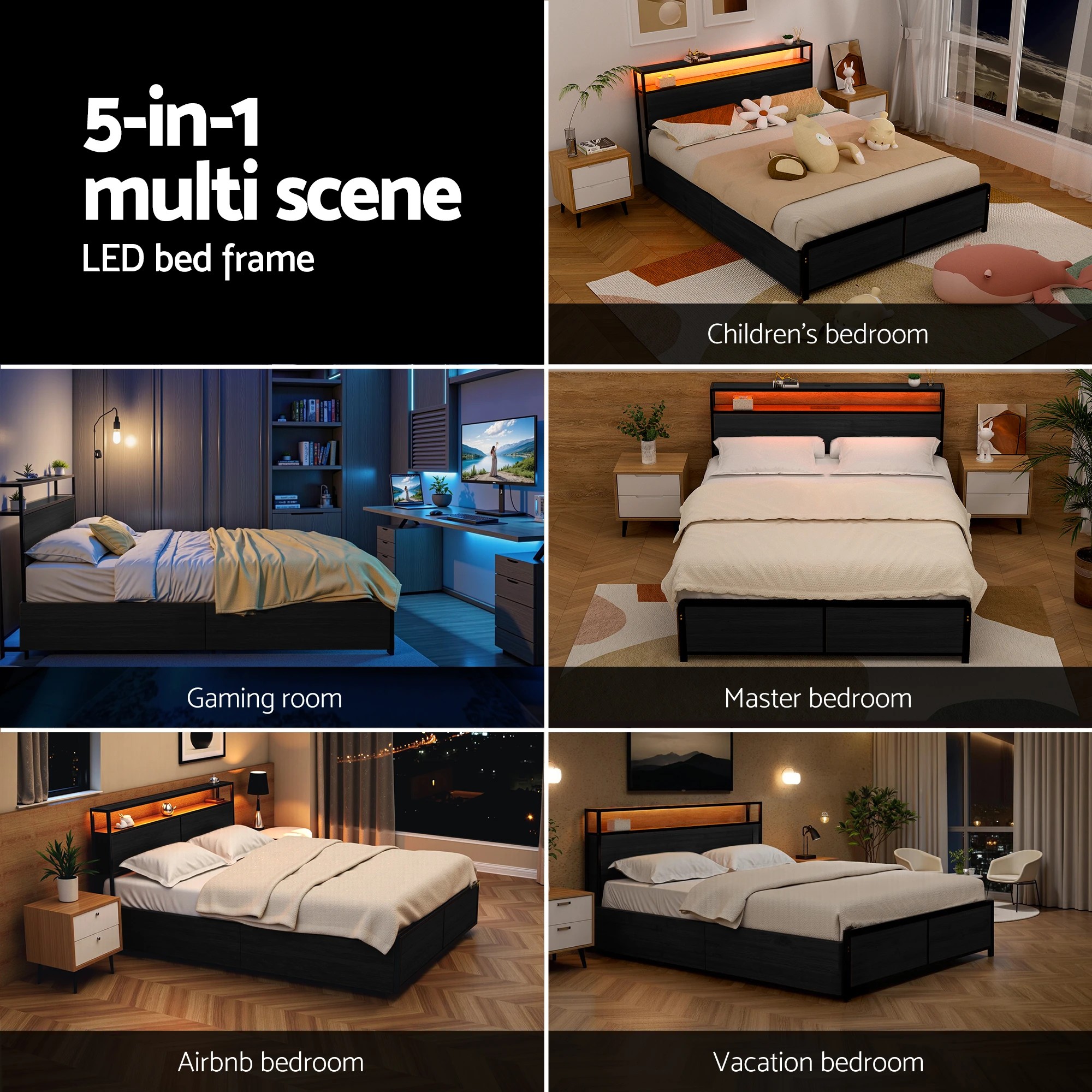 8 Artiss Metal Bed Frame King Size Storage Headboard Charge Station LED 4 Drawers - Black, 8 of 8