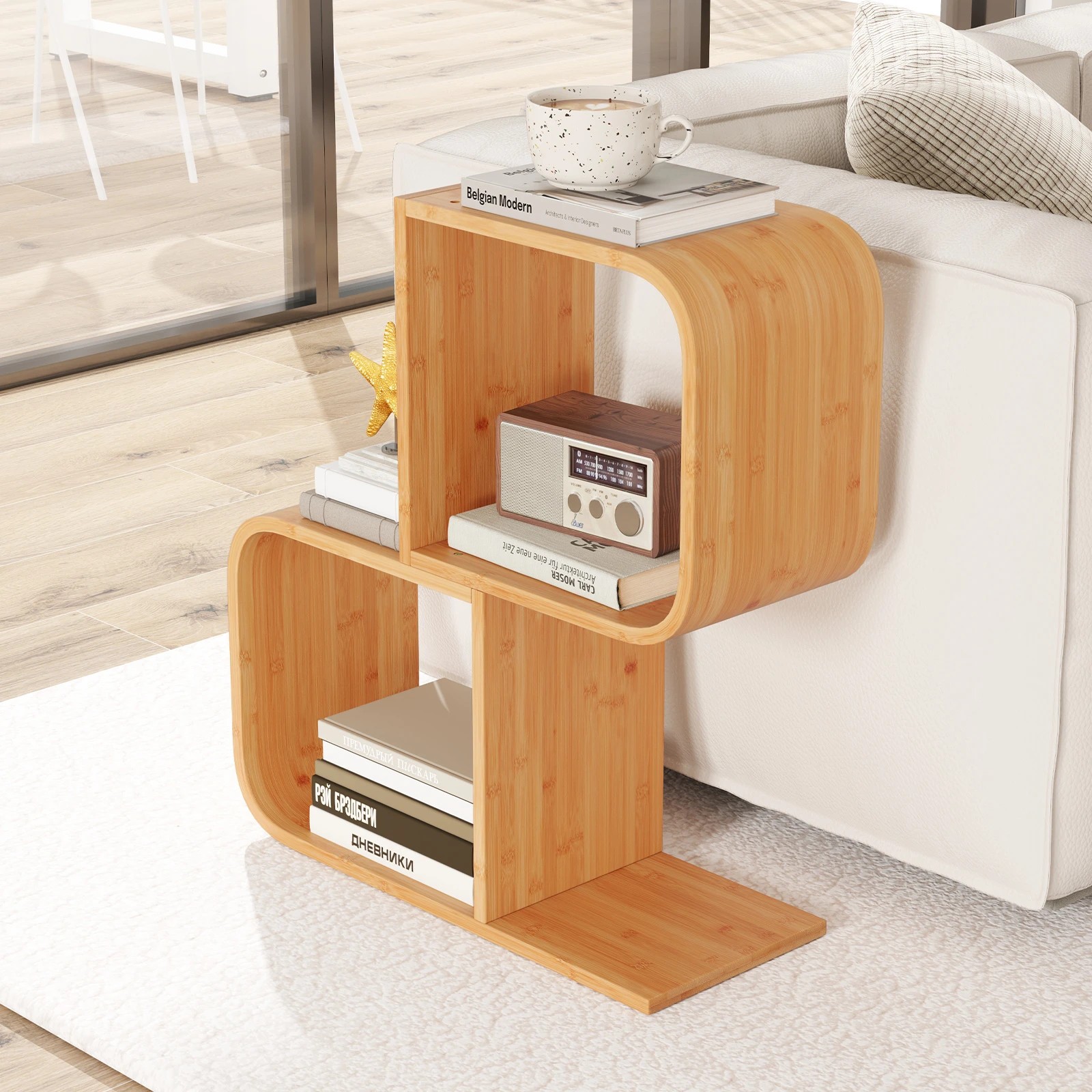 3 Costway S-Shaped Bamboo Bookshelf Bookcase 2 Cubes Geometric Corner Display Shelf - Natural, 3 of 4