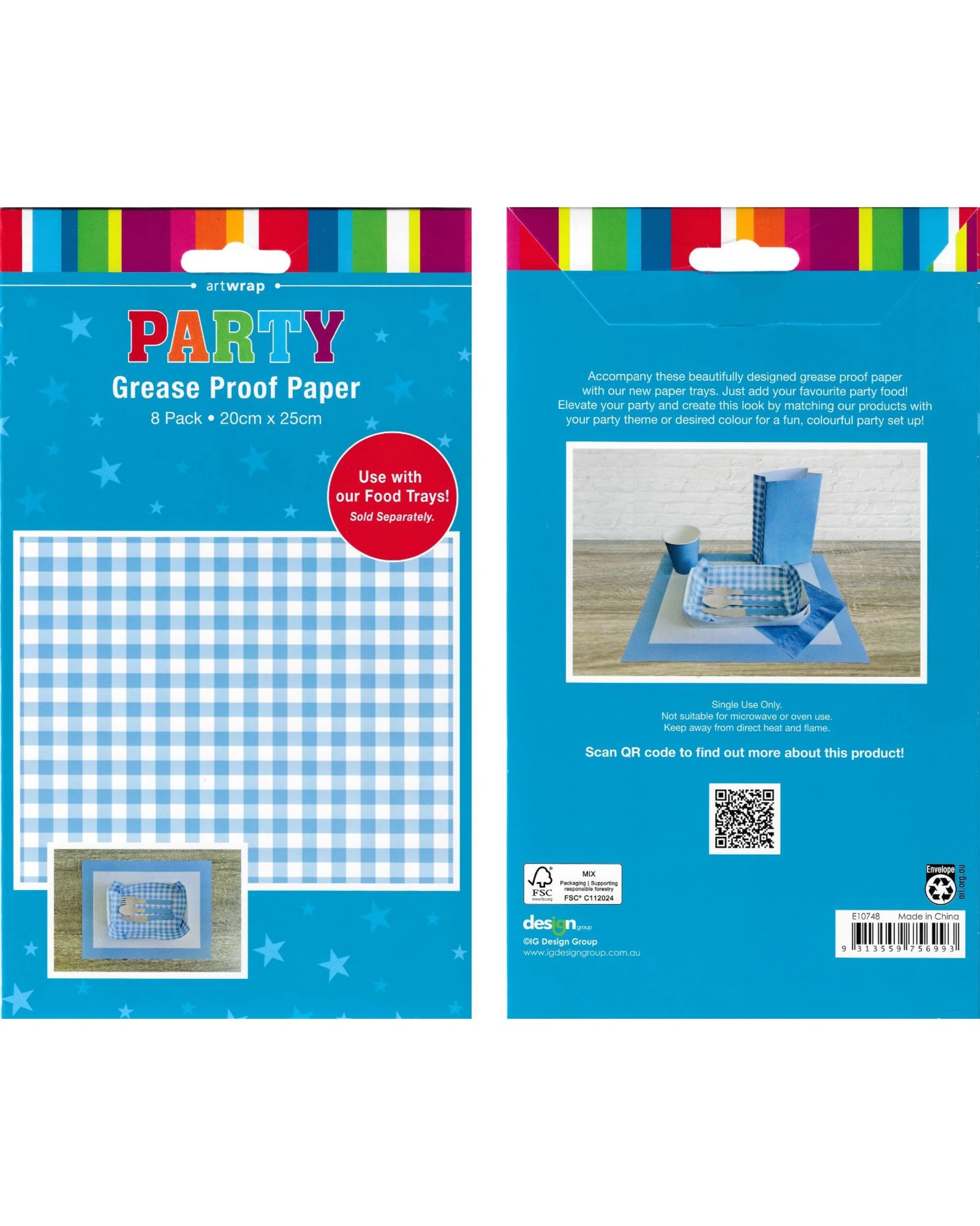 5 Artwrap Blue Gingham Grease Proof Paper Plate Tray Liners 8 Sheets - Blue, 5 of 5