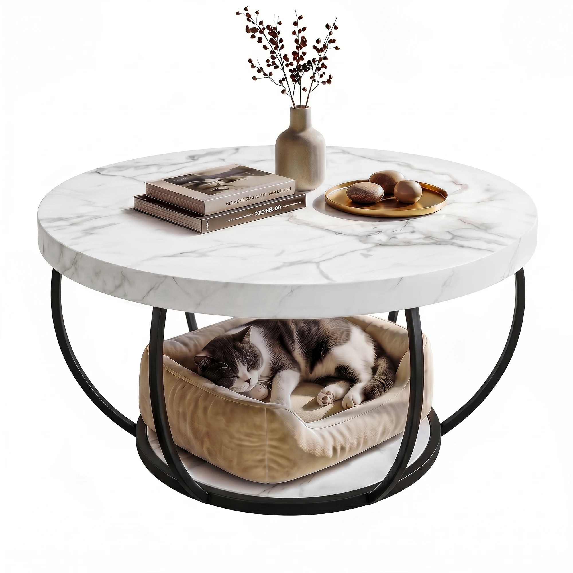1 Artiss Coffee Table 2-Tier Marble Finish Round Sofa Side Table 80CM - Multi, 1 of 7