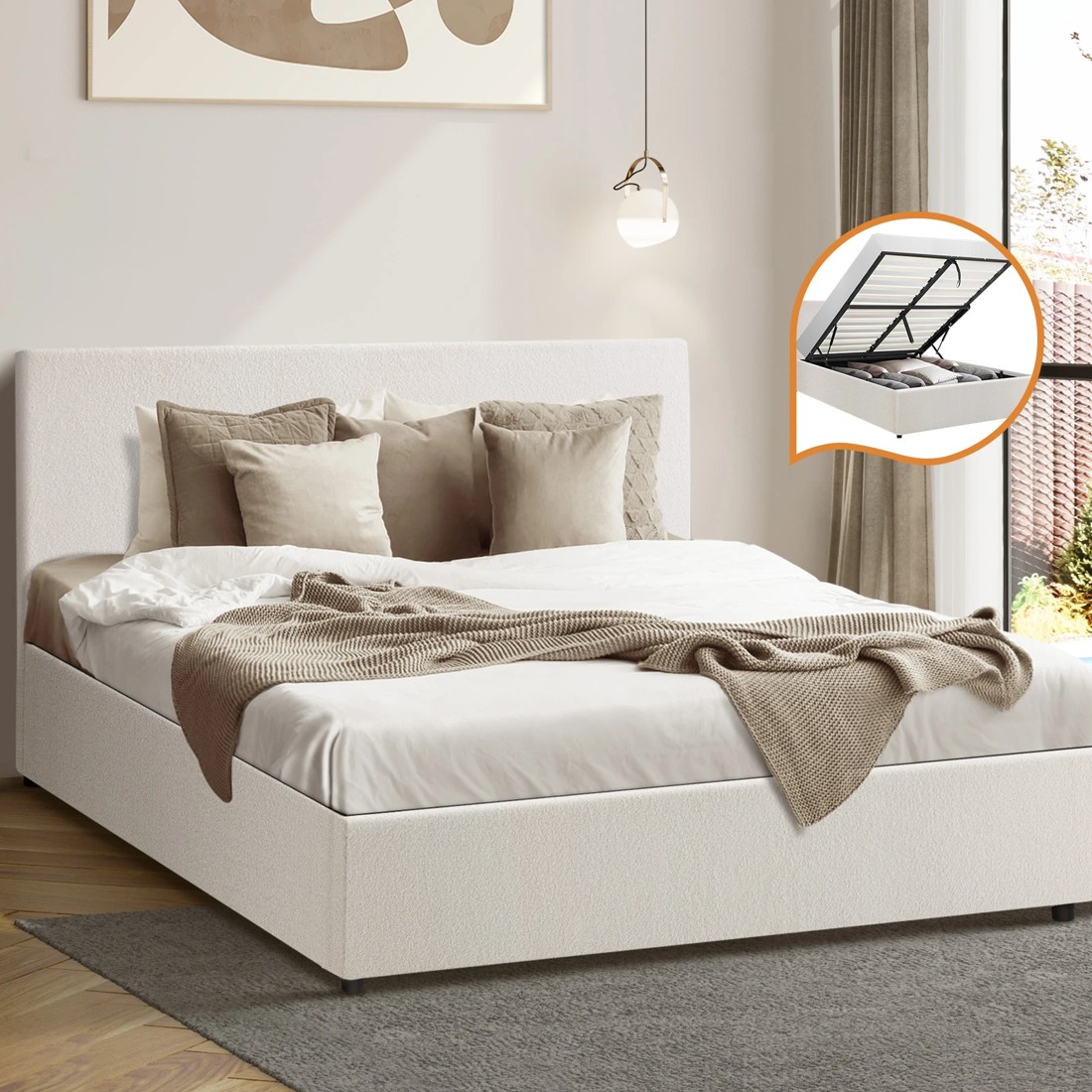 2 Oikiture Double Bed Frame Gas Lift Base With Storage Boucle
 - White, 2 of 10