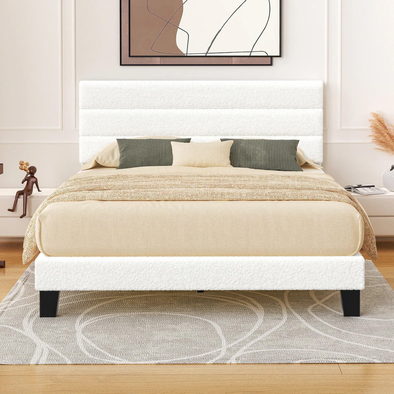 3 Alfordson Bed Frame King Size Upholstered Platform Boucle Harlene - White, 3 of 10