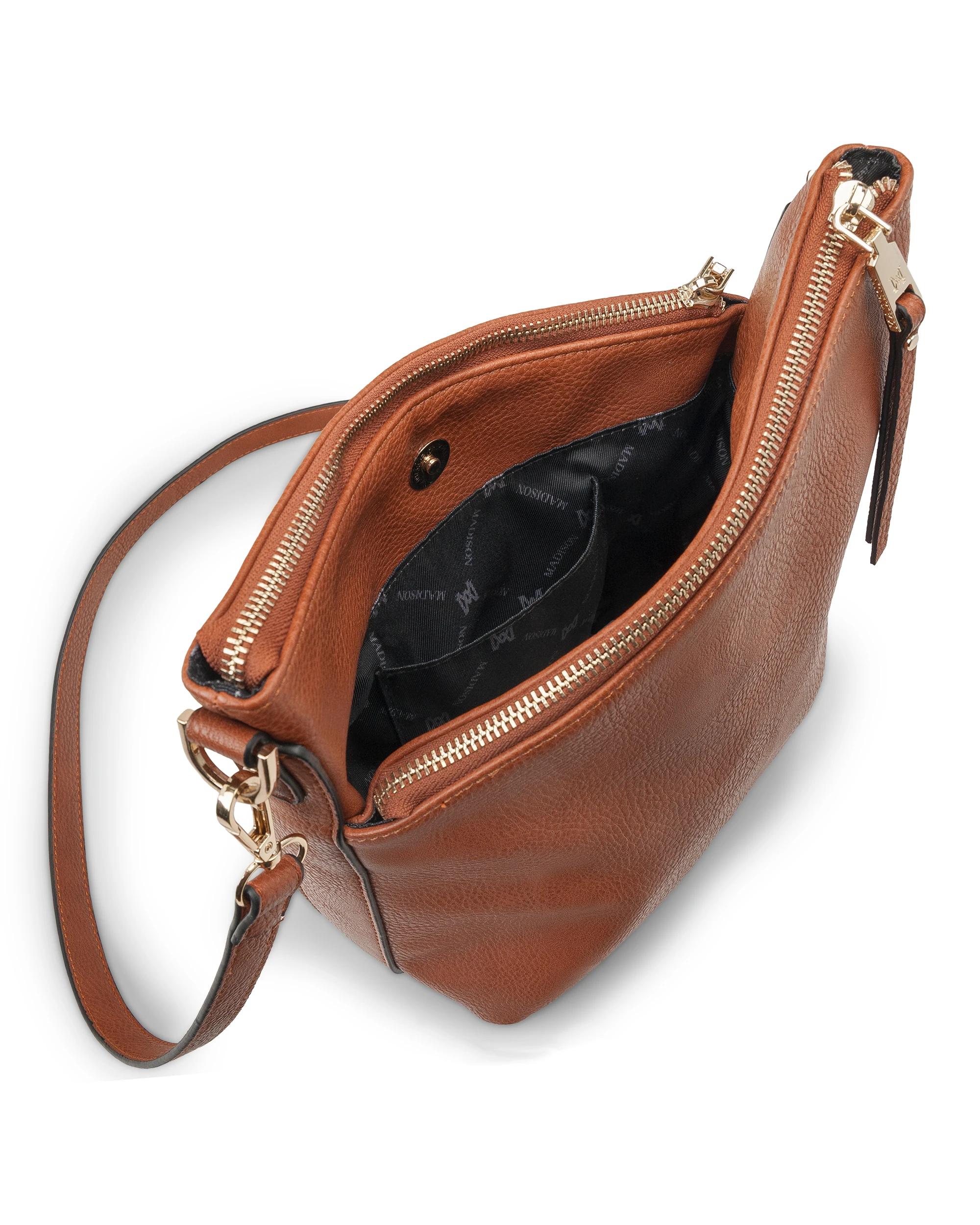 6 Madison Accessories Maya Medium Double Zip Sling Crossbody Bag DK TAN LT GOLD, 6 of 9