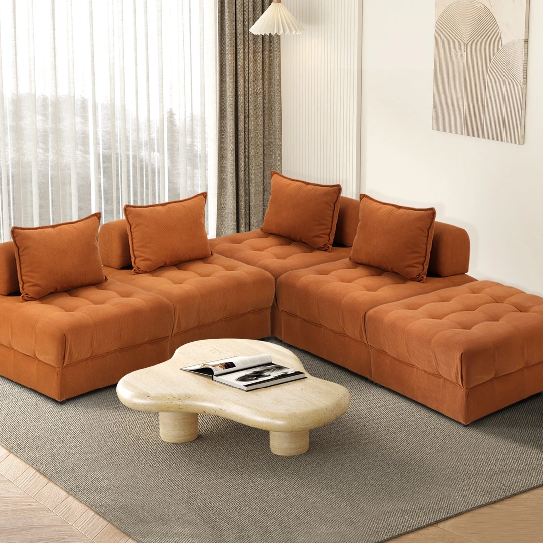 2 Oikiture 5 Seater Velvet Modular Sofa & Ottoman Set Armless Tofu Back
 - Brown, 2 of 10