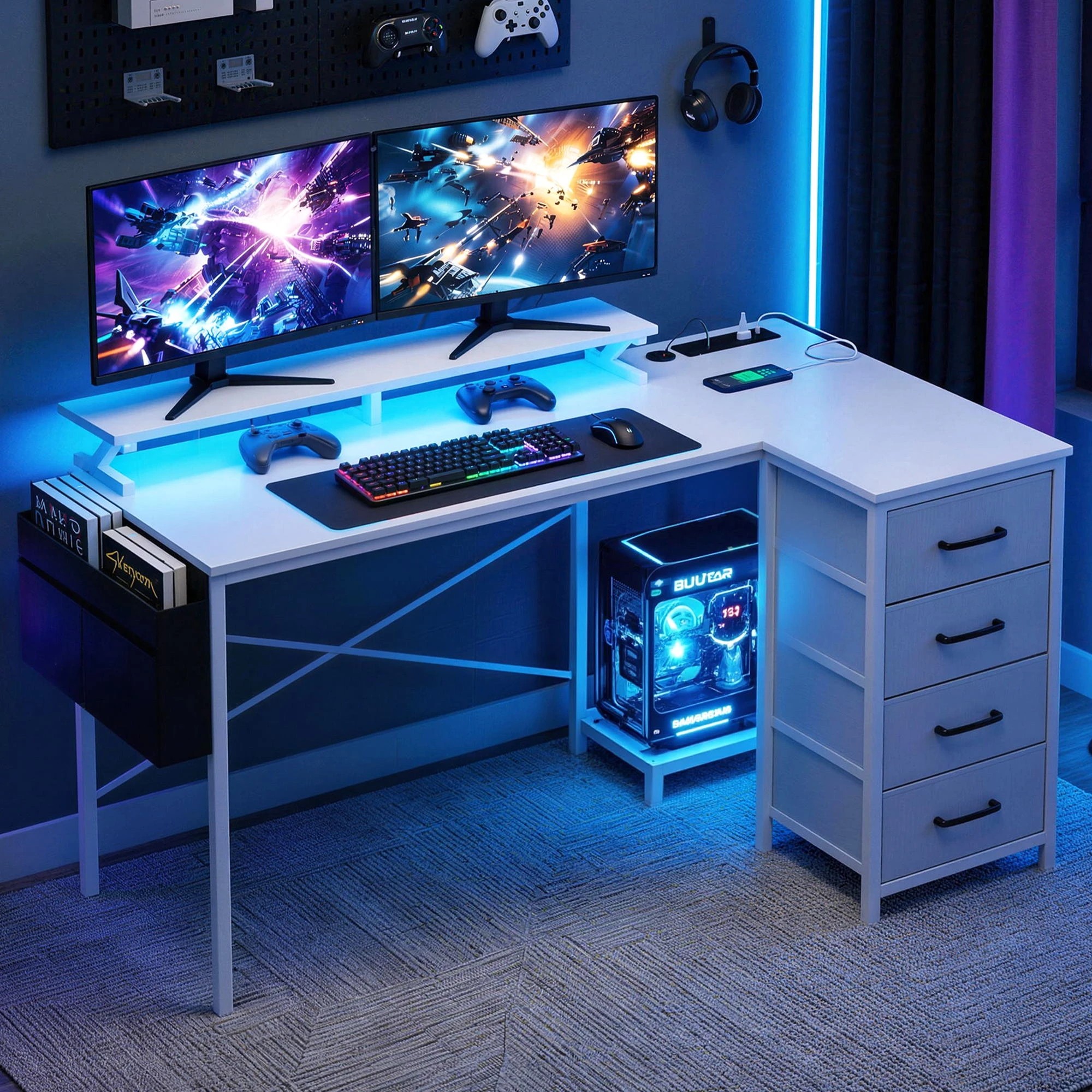 5 Artiss 140cm L Shaped Gaming Desk Computer Desk with LED Lights & Power Outlets - White, 5 of 5
