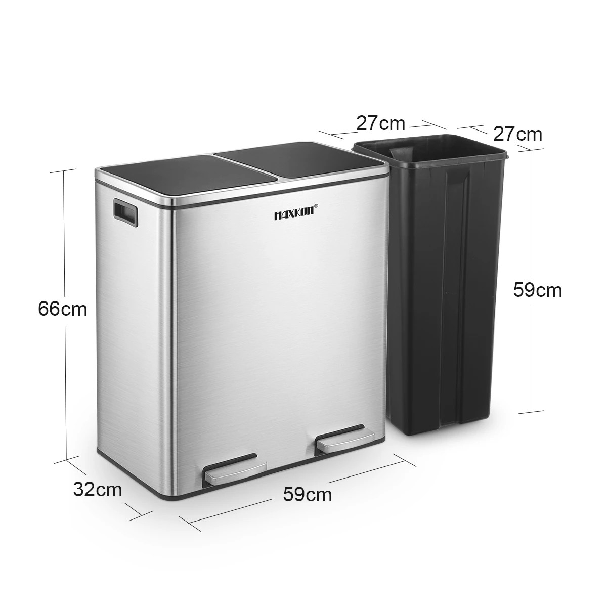 2 Maxkon 60L Rubbish Bin Dual Compartment Dustbin Pedal Recycling Trashcan Kitchen Waste Garbage Stainless Steel, 2 of 8