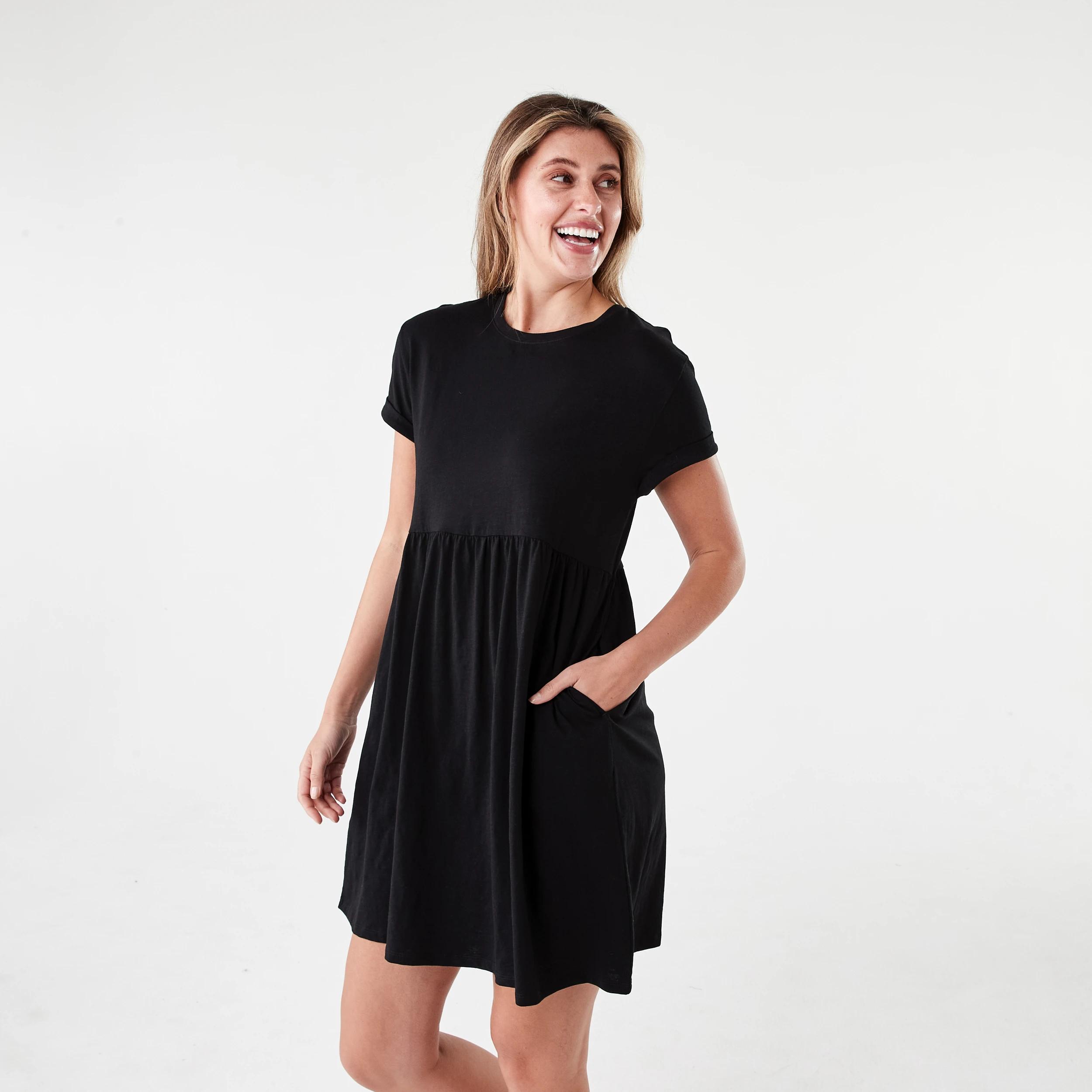 2 Short Sleeve Cuff Detail Jersey Mini Dress Black, 2 of 7