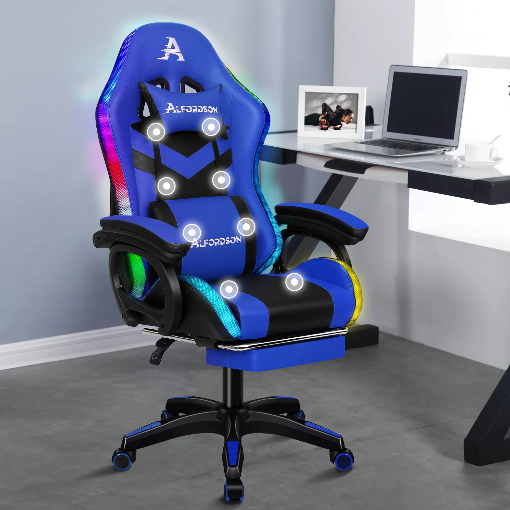 2 Alfordson Gaming Office Chair 12 RGB LED Massage Computer Seat Footrest - Blue, 2 of 10