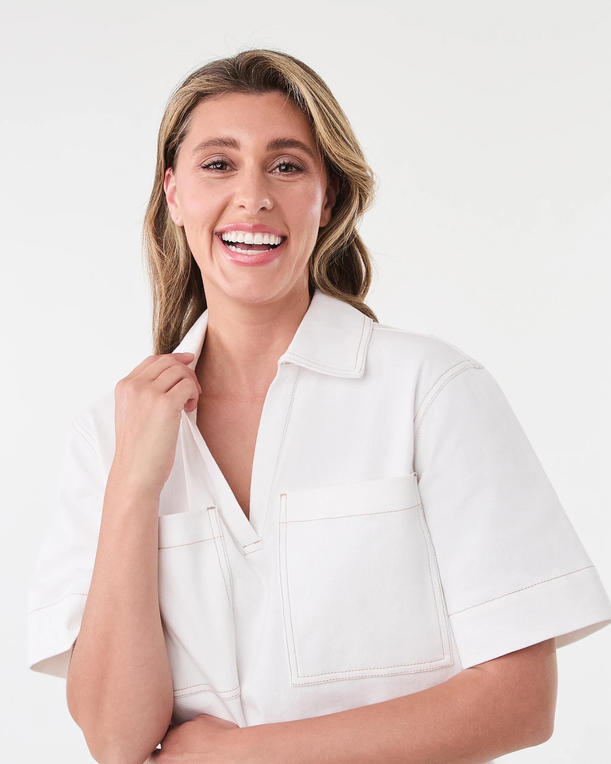 4 Short Sleeve Boxy V-Neck Denim Dress Ecru, 4 of 8