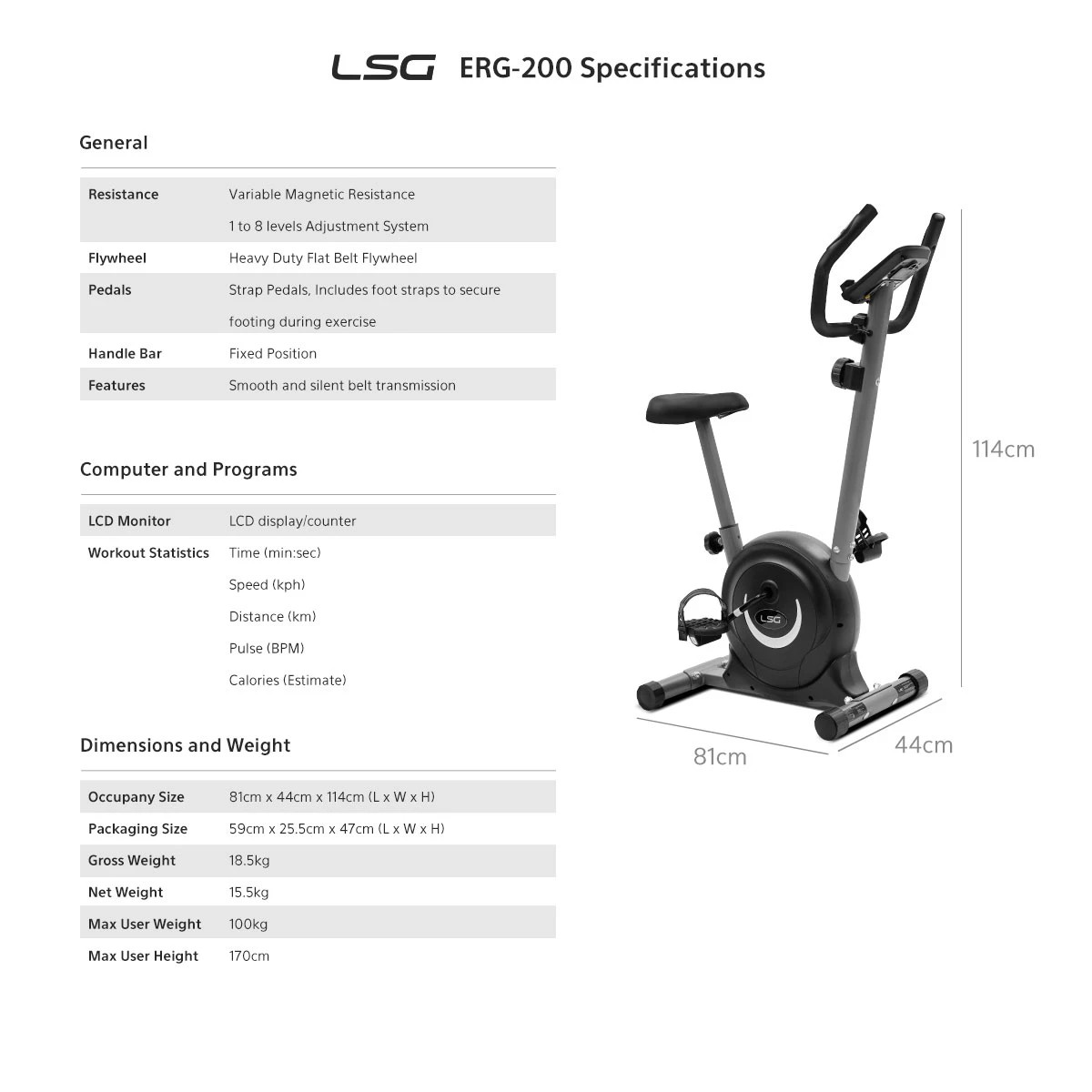 10 LSG Fitness ERG-200 Exercise Bike - Black, 10 of 10