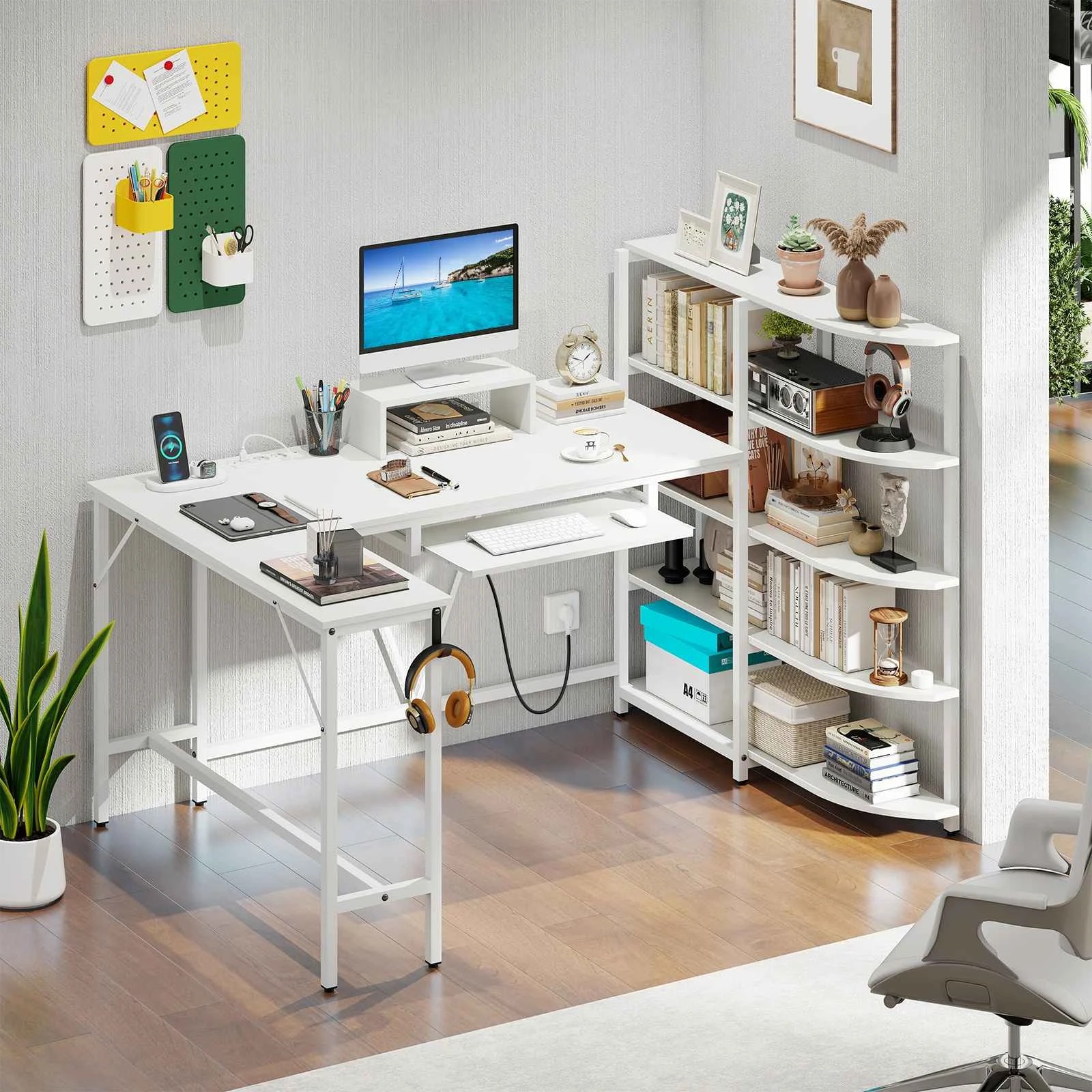 2 Costway L Shaped Computer Desk w/5-tier Storage Shelves Corner Writing Table - White, 2 of 5