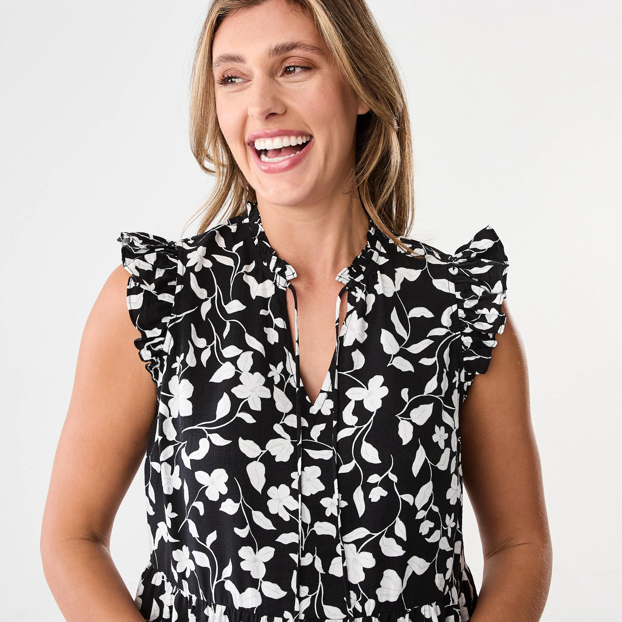 4 Sleeveless Frill Tiered Mini Dress Blk Flrl, 4 of 8