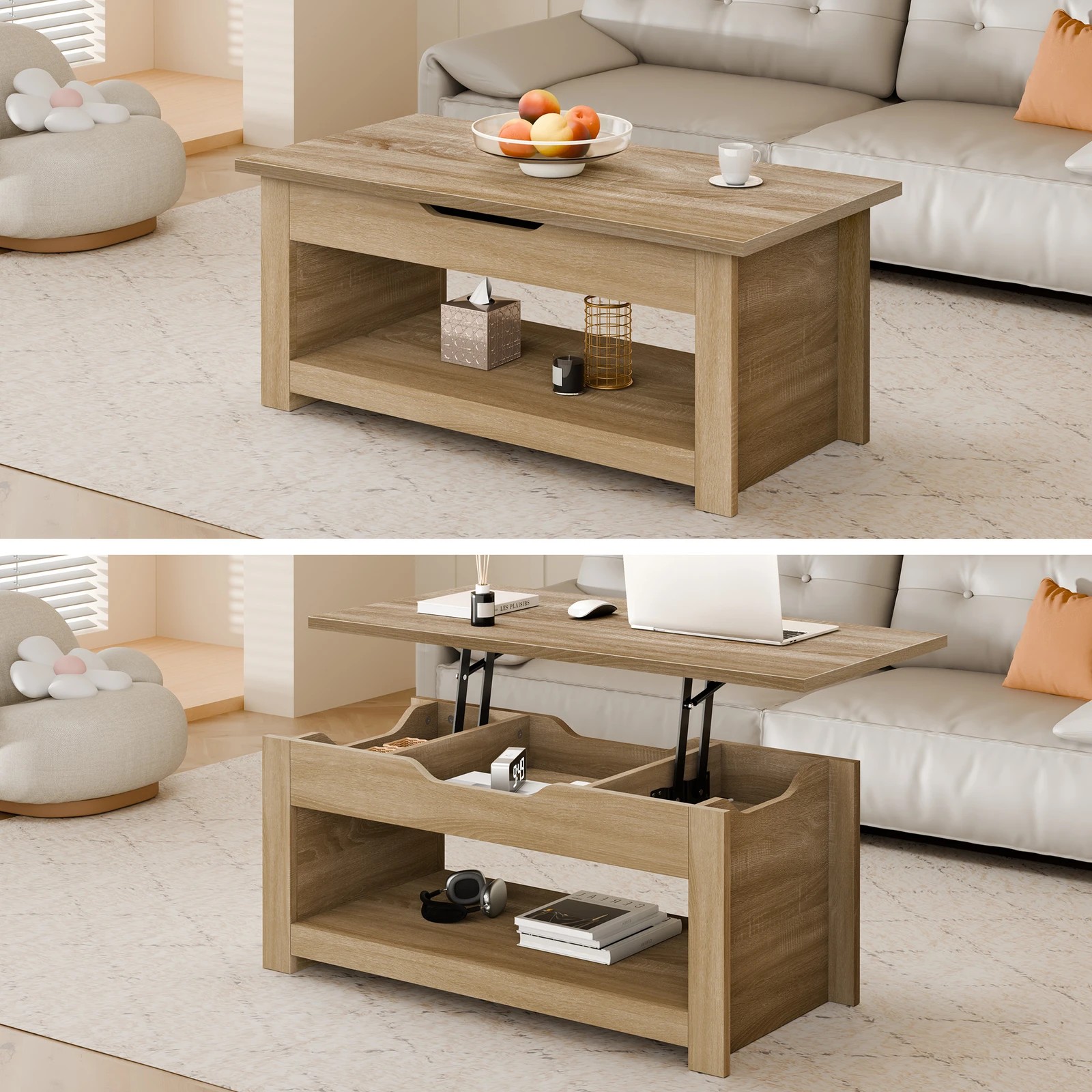 3 Alfordson Coffee Table Lift Up Top Laptop Desk Hidden Storage Shelf - Oak, 3 of 10