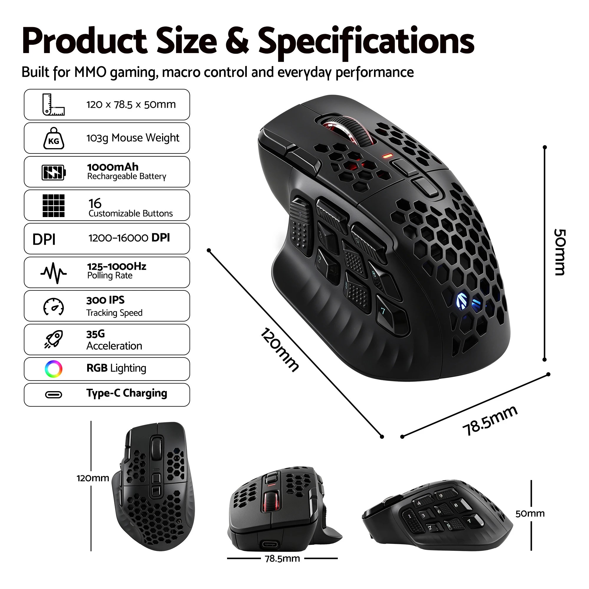 2 Solakaka Wireless MMO Gaming Mouse 16 Buttons Bluetooth 24000 DPI RGB - Black, 2 of 10