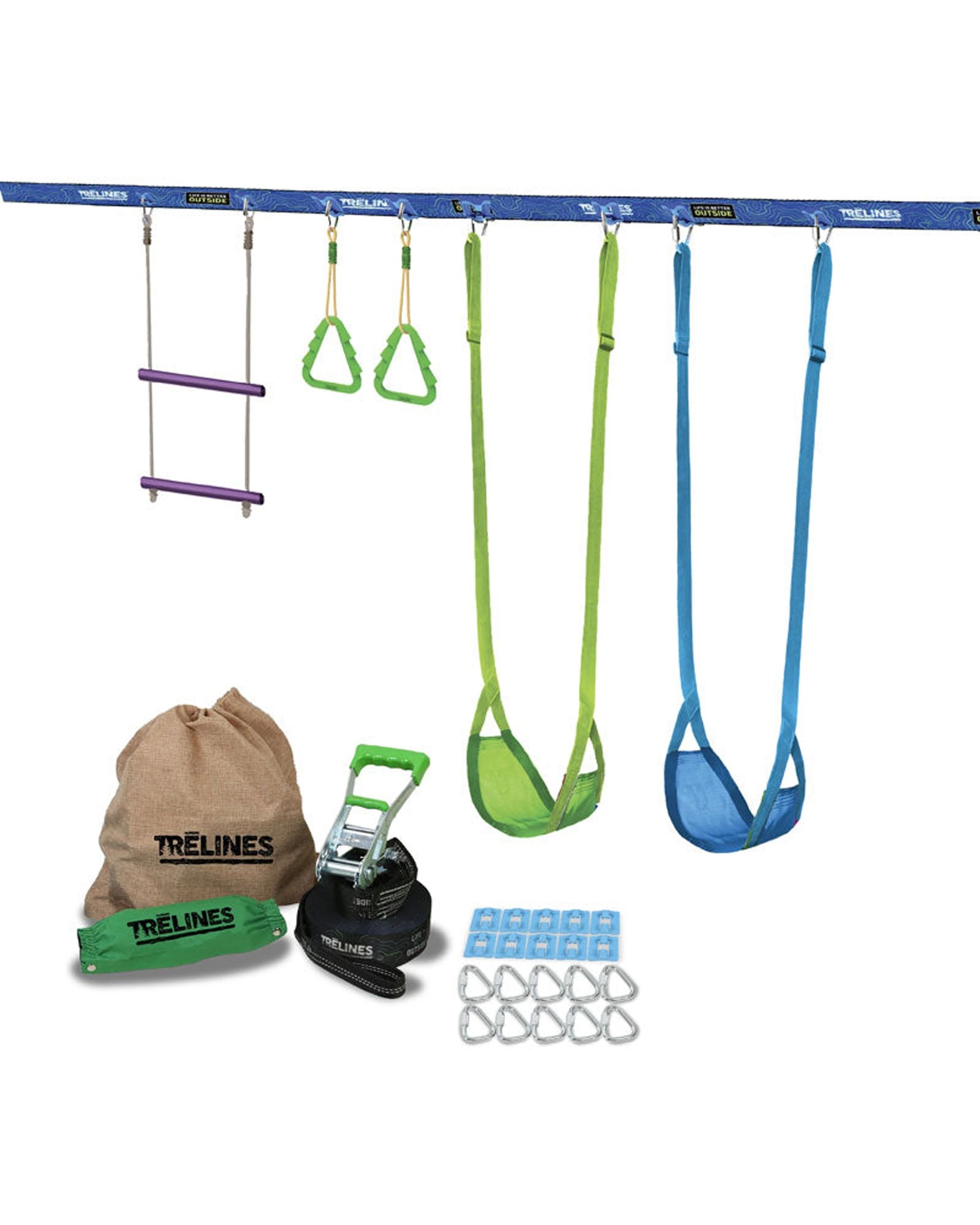 1 Trelines Kids Swingset Gymnastics Line 10m With Swings Gym Rings & Trapeze Playset - Blue, 1 of 5